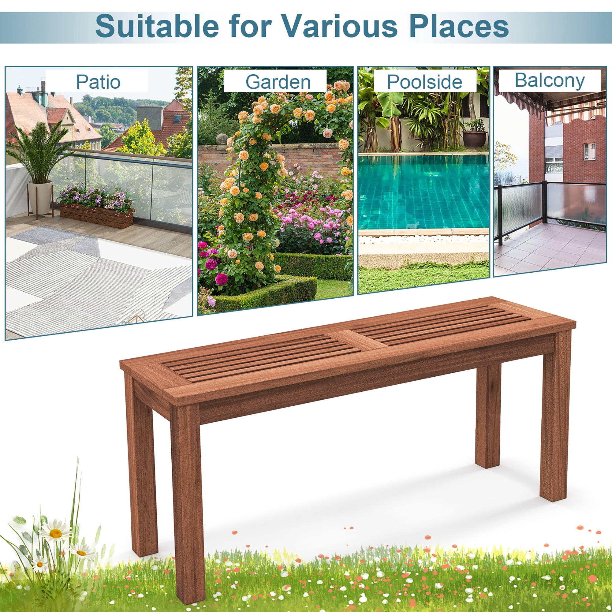 Gymax 2-Person Outdoor Bench Patio Bench w/ Slatted Seat Weather Resistant Solid Wood Frame