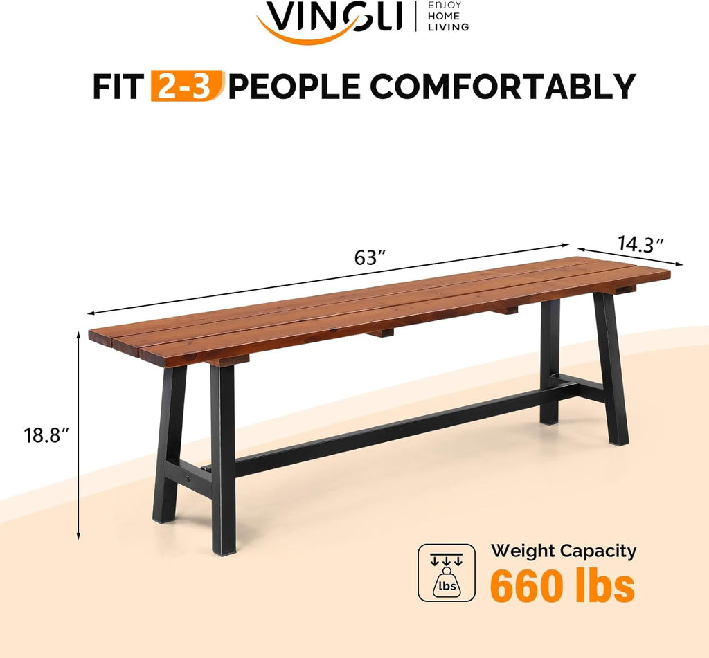 VINGLI 63" Outdoor Bench, Weatherprooof Wood Bench with Metal Frame, 63'' 2-Person Dining Bench，Weight Capacity of 660 lbs Entry Bench for Garden, Porch, Park