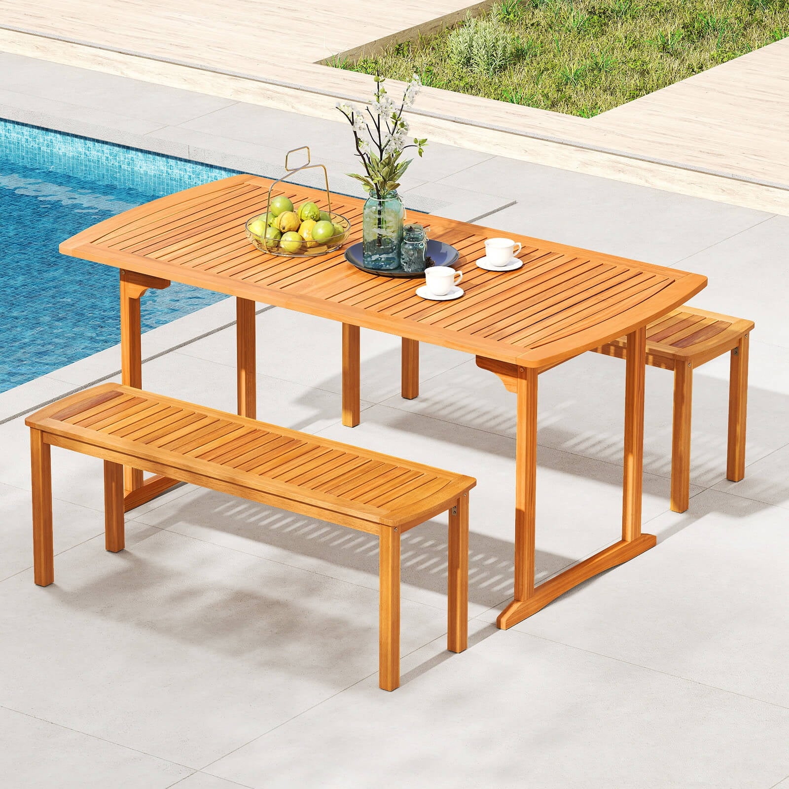 Costway Acacia Wood Outdoor Bench 48" Long Patio Dining Bench with Slatted Seat for Garden
