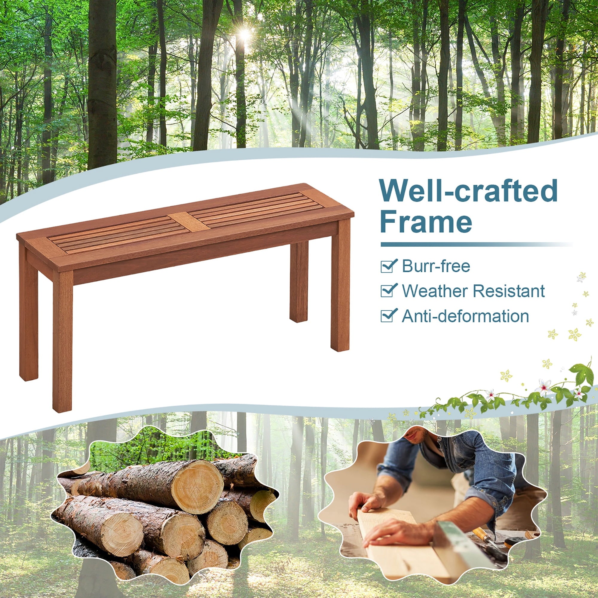 Gymax 2-Person Outdoor Bench Patio Bench w/ Slatted Seat Weather Resistant Solid Wood Frame