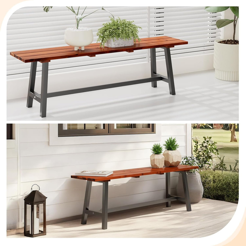 VINGLI 63" Outdoor Bench, Weatherprooof Wood Bench with Metal Frame, 63'' 2-Person Dining Bench，Weight Capacity of 660 lbs Entry Bench for Garden, Porch, Park