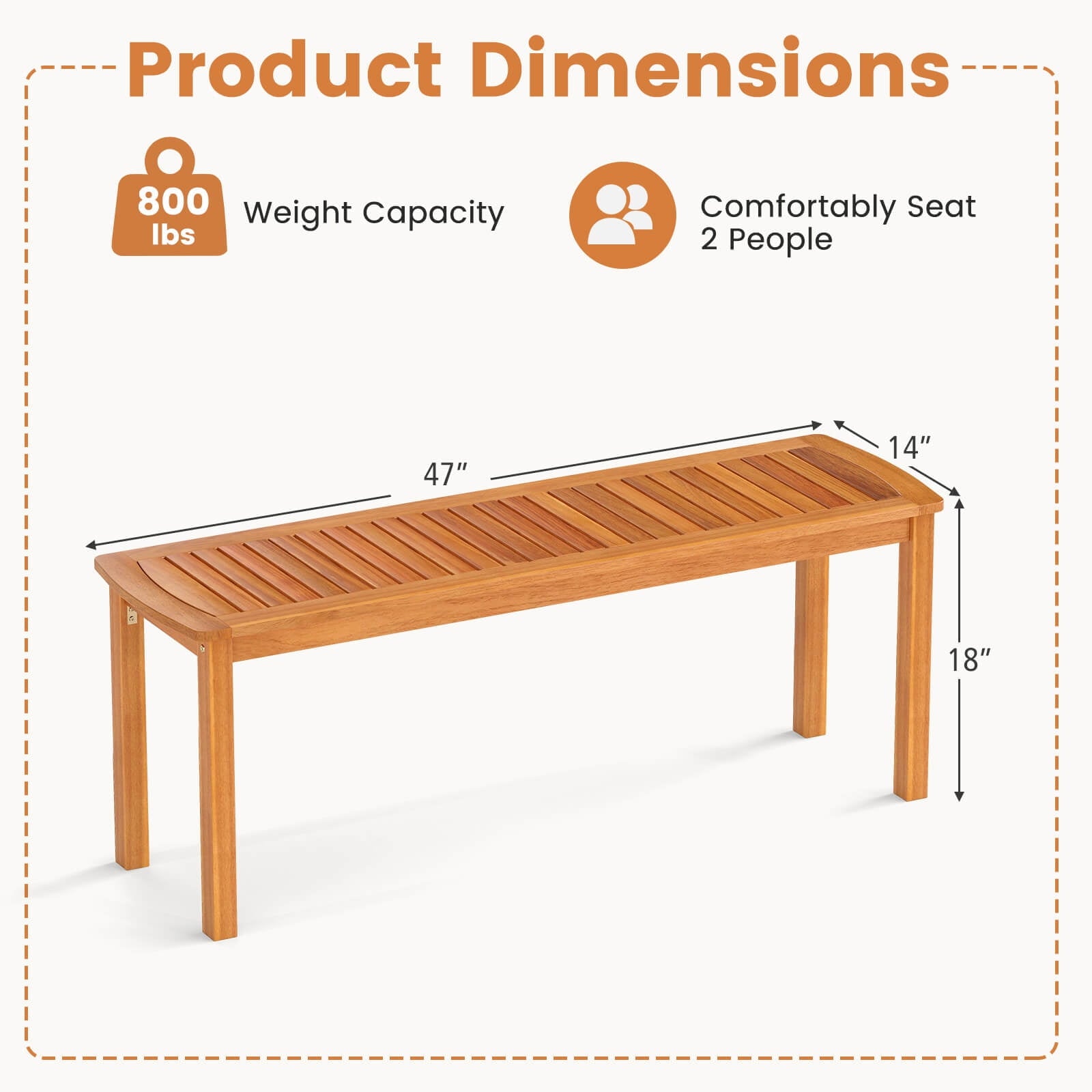 Costway Acacia Wood Outdoor Bench 48" Long Patio Dining Bench with Slatted Seat for Garden