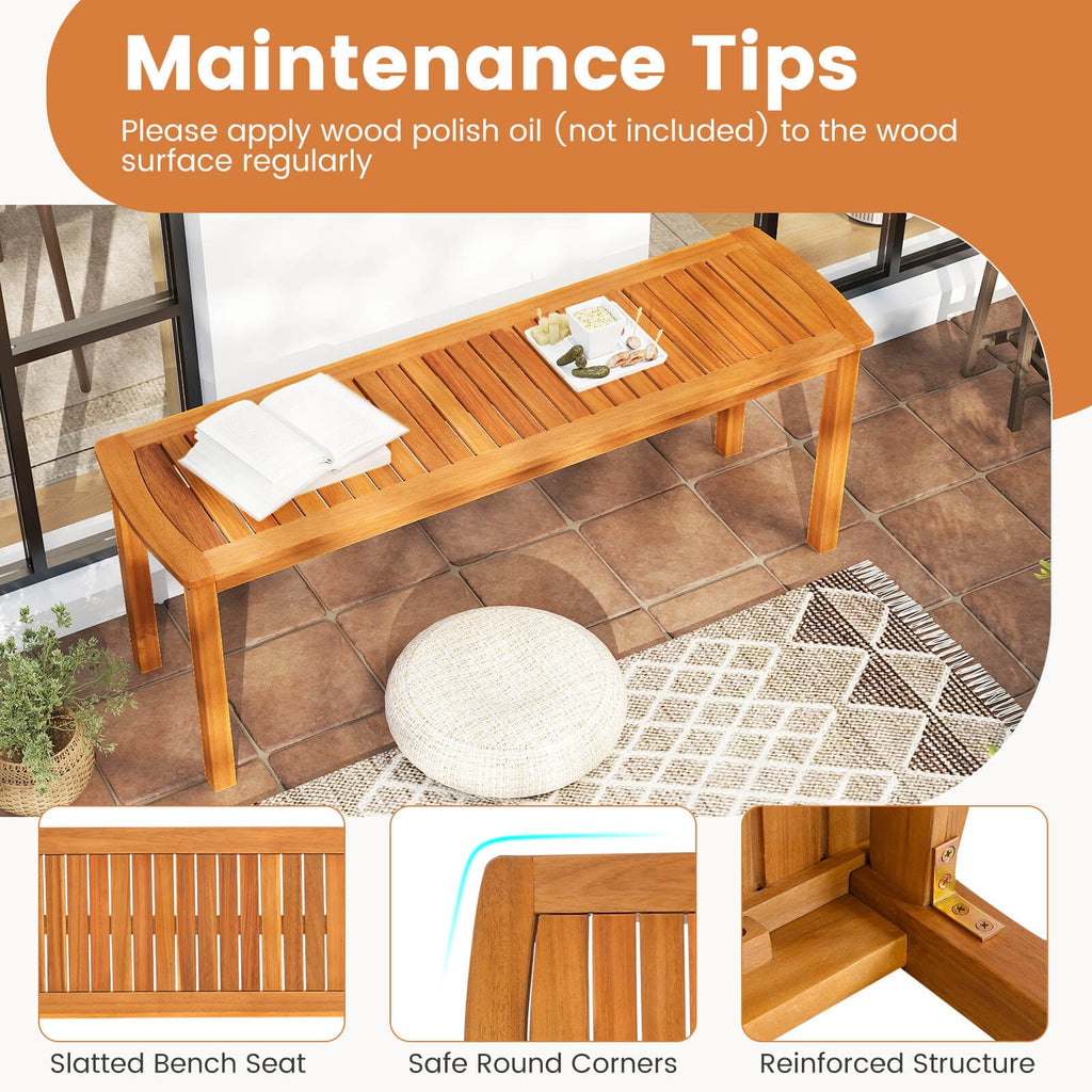 Costway Acacia Wood Outdoor Bench 48" Long Patio Dining Bench with Slatted Seat for Garden