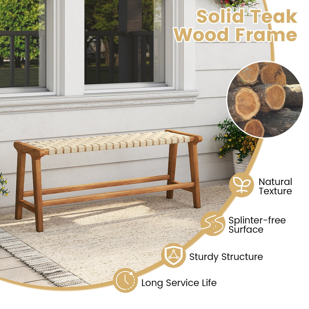 Gymax 47'' Long Teak Wood Patio Bench w/Weave Seat Solid Wood Legs Backless for Porch