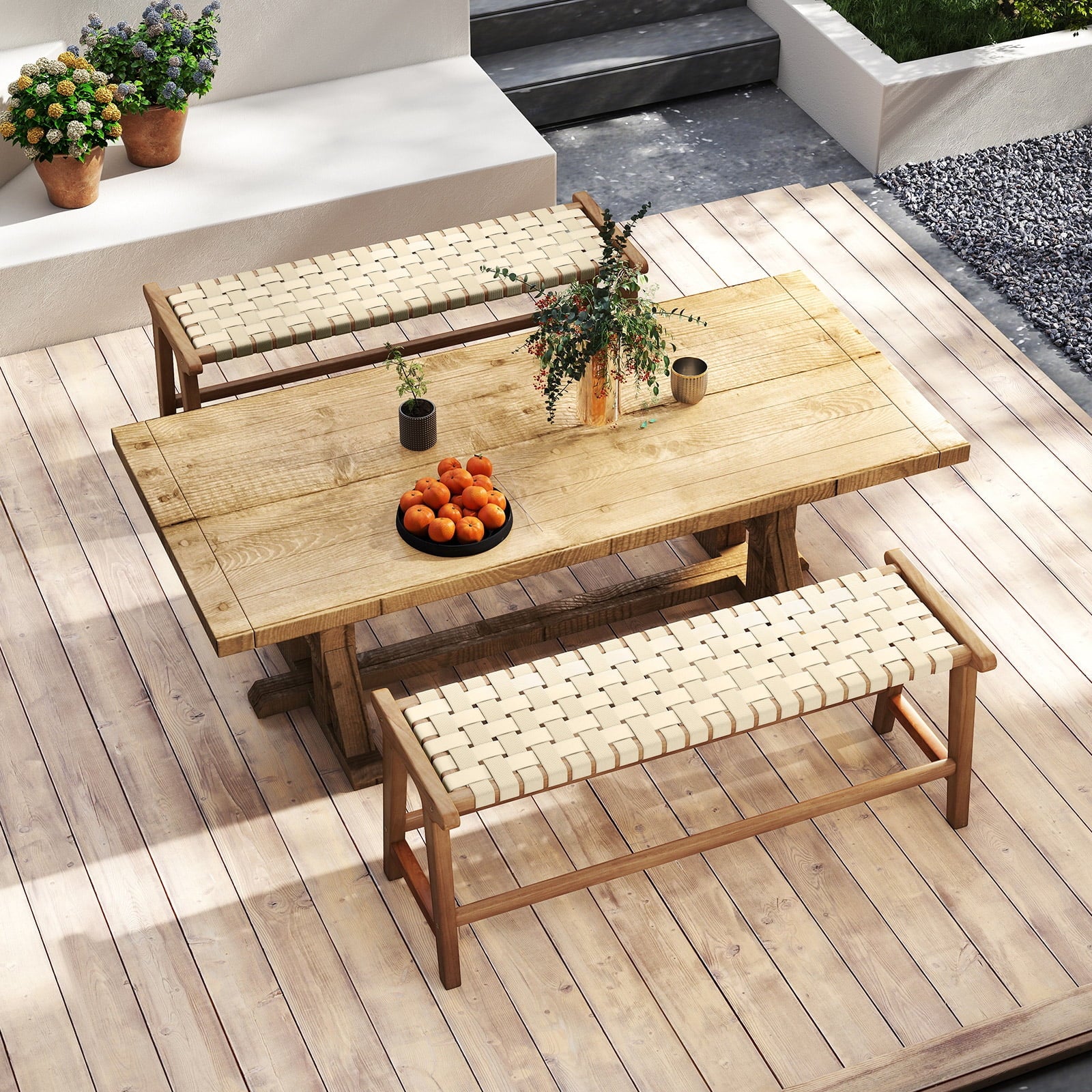 Gymax 47'' Long Teak Wood Patio Bench w/Weave Seat Solid Wood Legs Backless for Porch