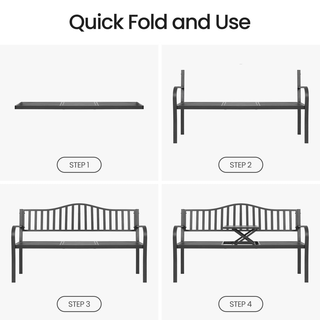 Naipo Outdoor Metal Garden Bench 59" Patio Bench with Built in Table Park Bench, Outside Bench Weather Proof Front Porch Bench, 500lbs