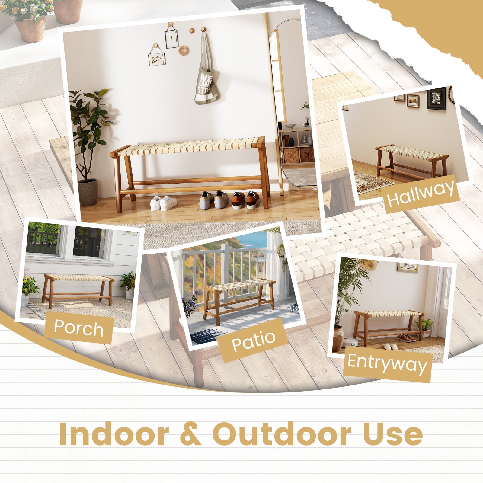 Gymax 47'' Long Teak Wood Patio Bench w/Weave Seat Solid Wood Legs Backless for Porch