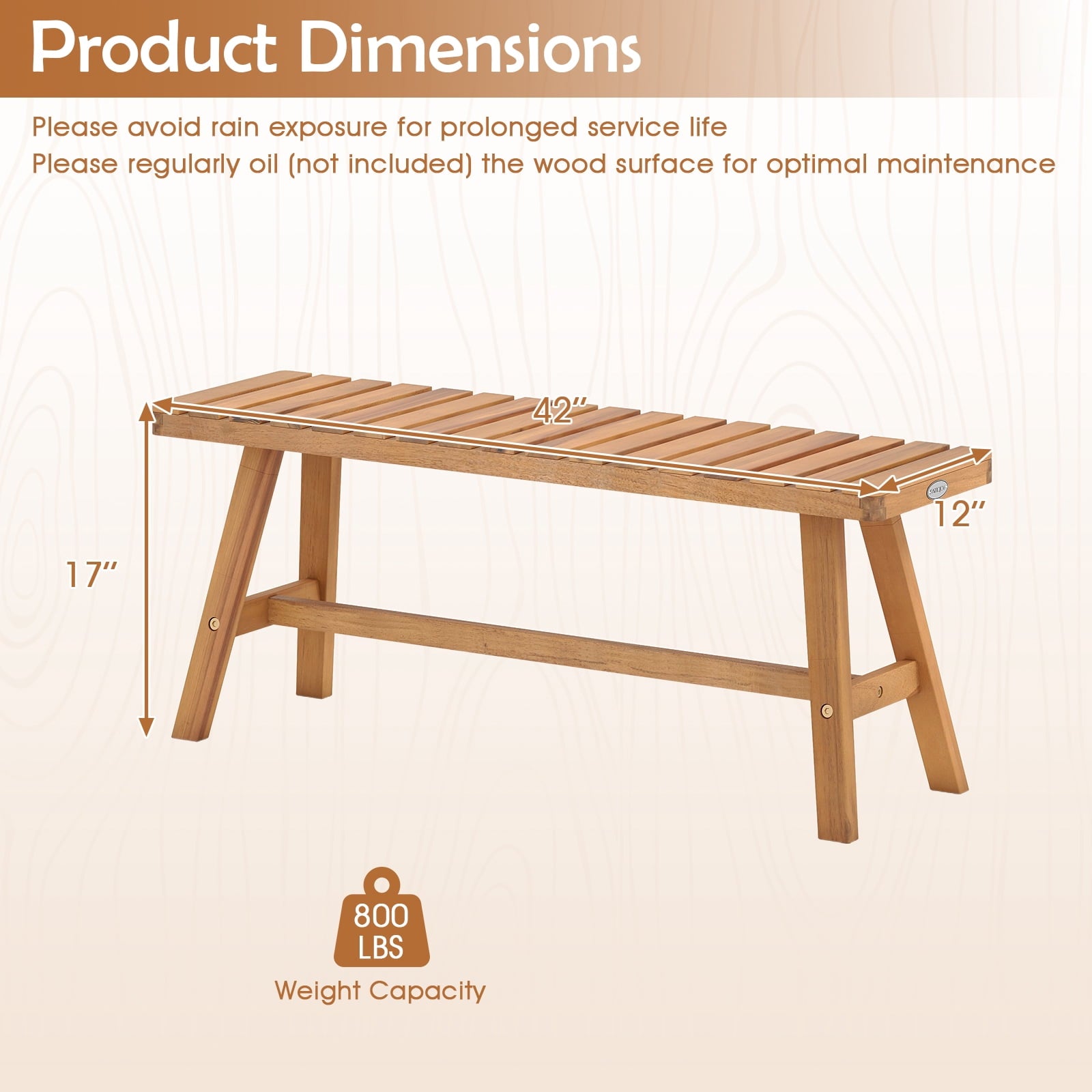 Gymax Acacia Wood Outdoor Garden Bench w/Slatted Seat 800 lbs Capacity for Front Porch