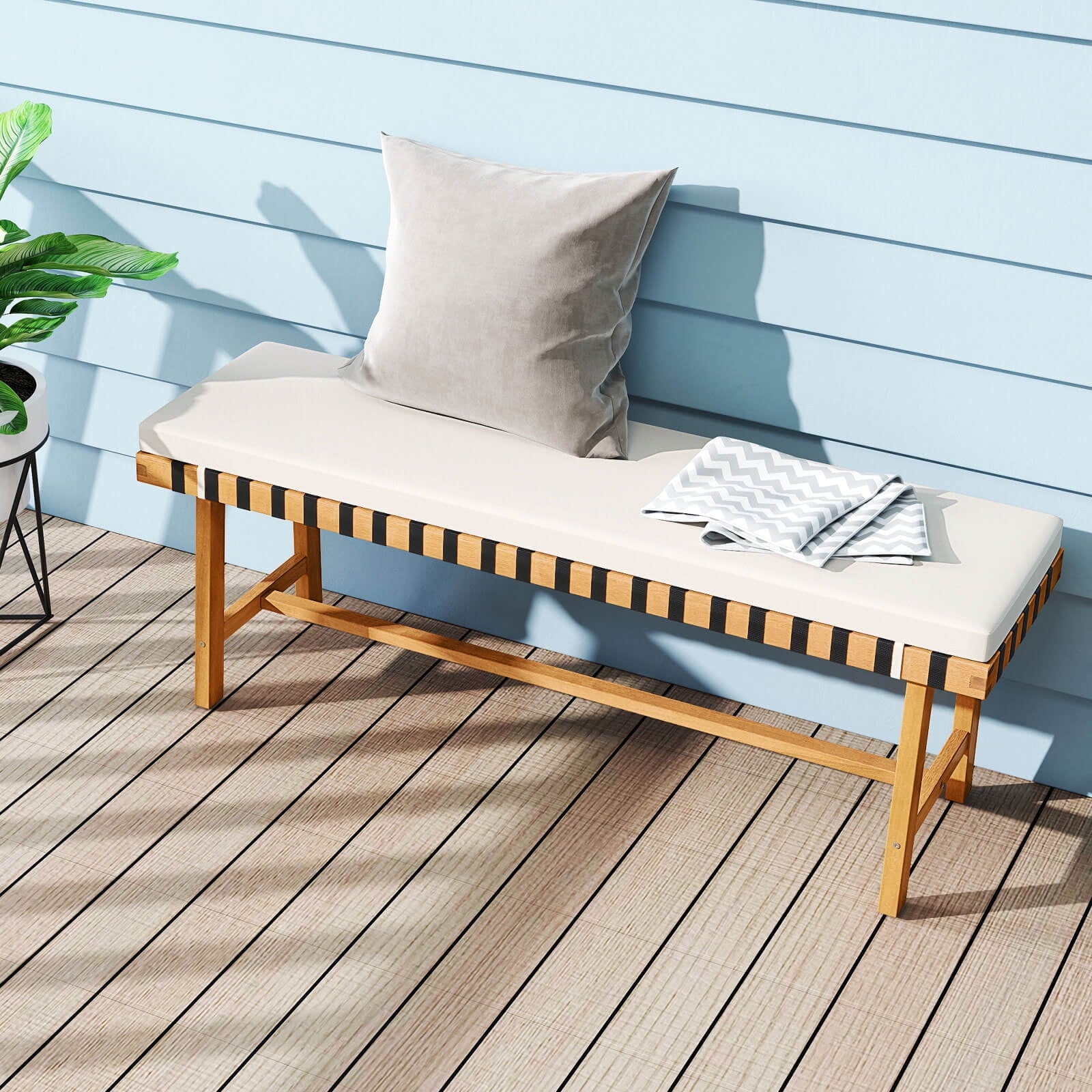 Costway 48" Long Acacia Wood Outdoor Bench with Thick Padded Seat Cushion Entryway Bench