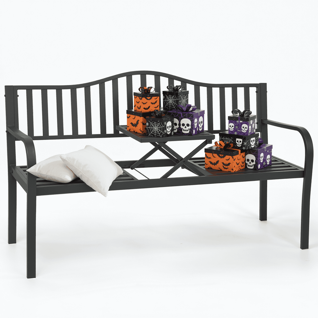Naipo Outdoor Metal Garden Bench 59" Patio Bench with Built in Table Park Bench, Outside Bench Weather Proof Front Porch Bench, 500lbs