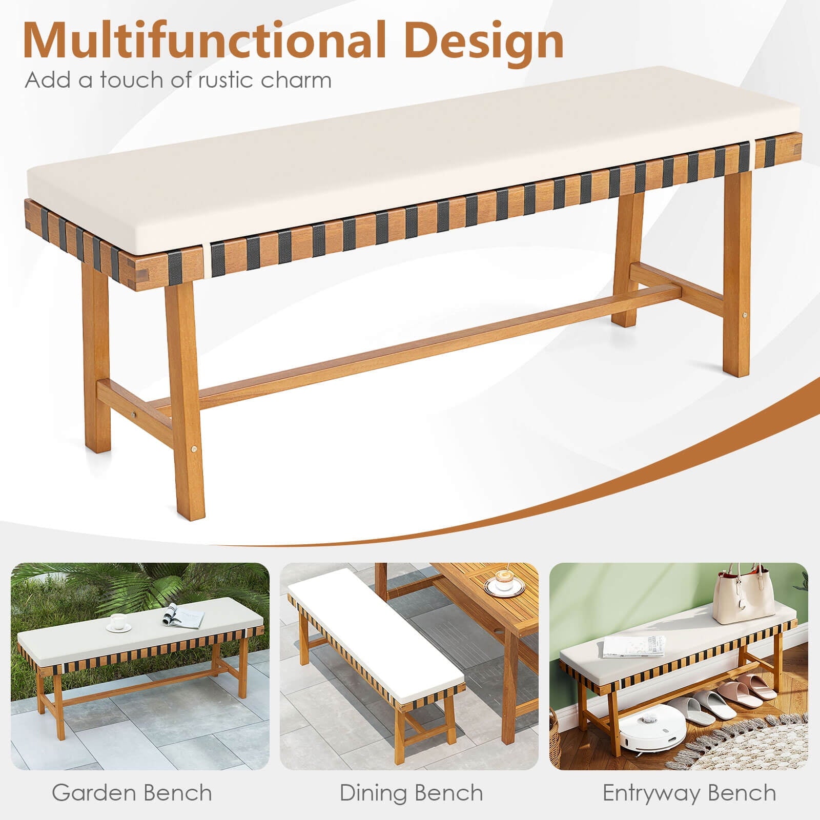 Costway 48" Long Acacia Wood Outdoor Bench with Thick Padded Seat Cushion Entryway Bench