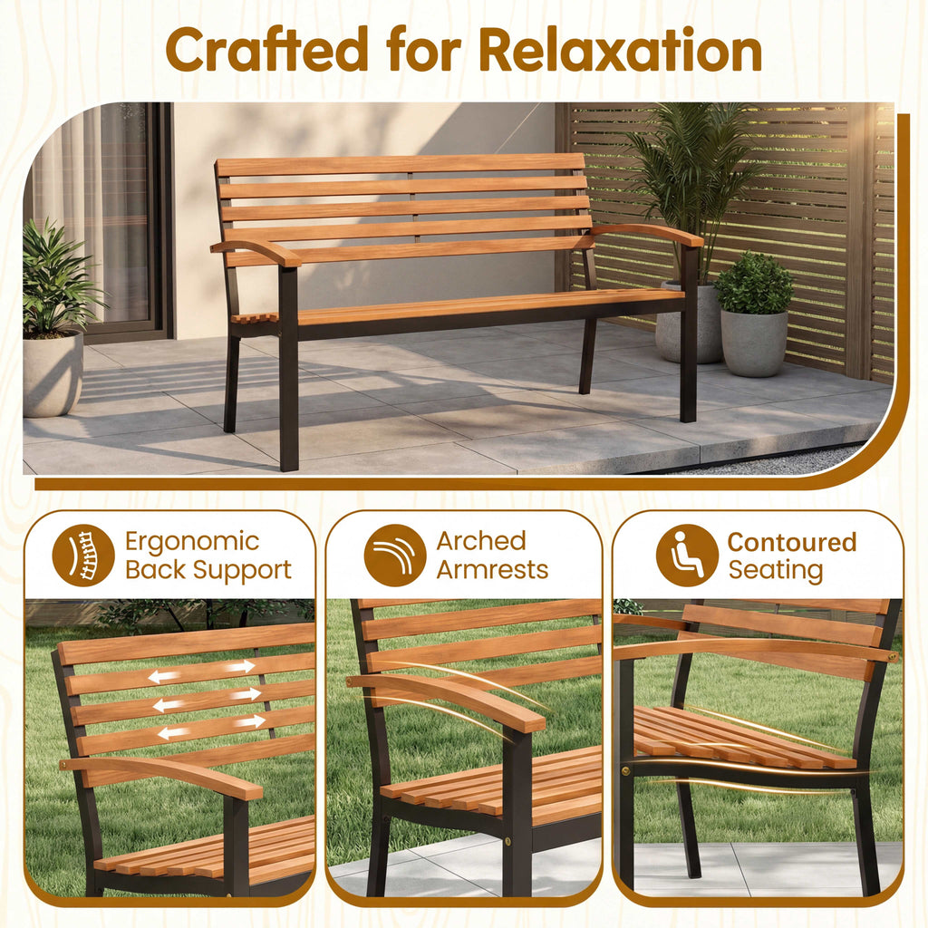 ELLEGNT Patio Loveseat Bench - Acacia Wood Garden Bench with Comfortable Backrest and Armrests for Outdoor Seating
