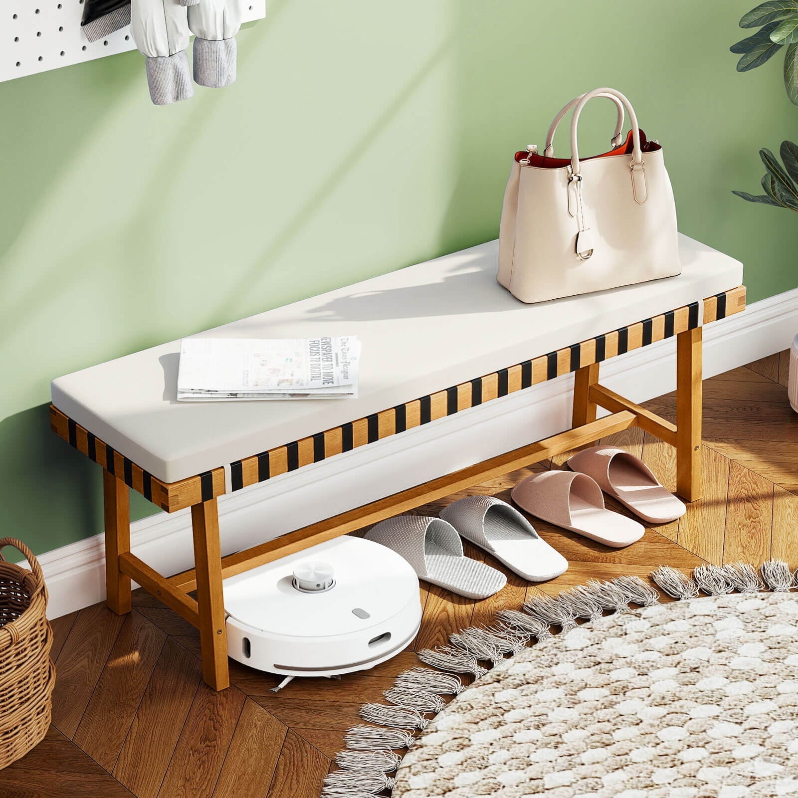 Costway 48" Long Acacia Wood Outdoor Bench with Thick Padded Seat Cushion Entryway Bench