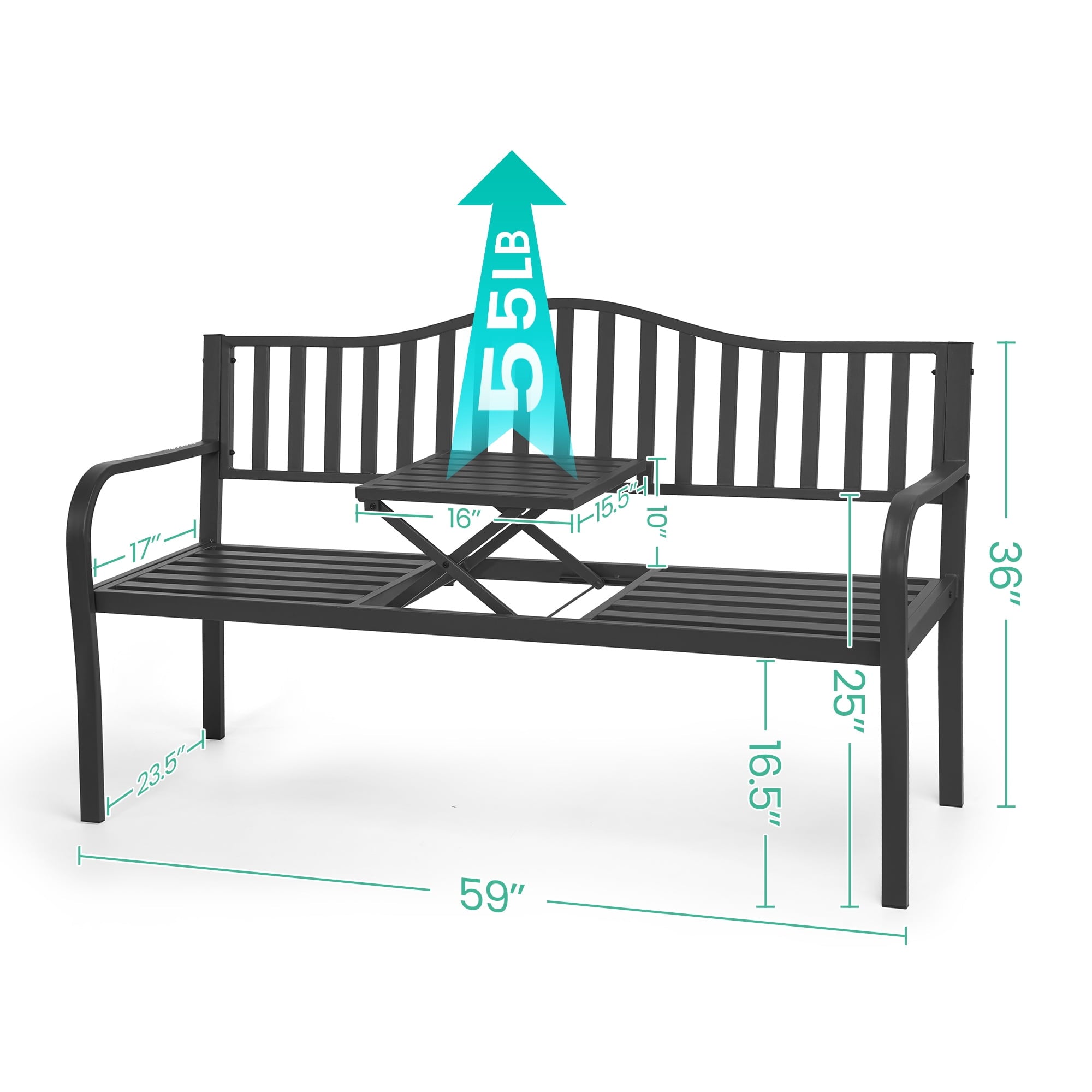 Naipo Outdoor Metal Garden Bench 59" Patio Bench with Built in Table Park Bench, Outside Bench Weather Proof Front Porch Bench, 500lbs