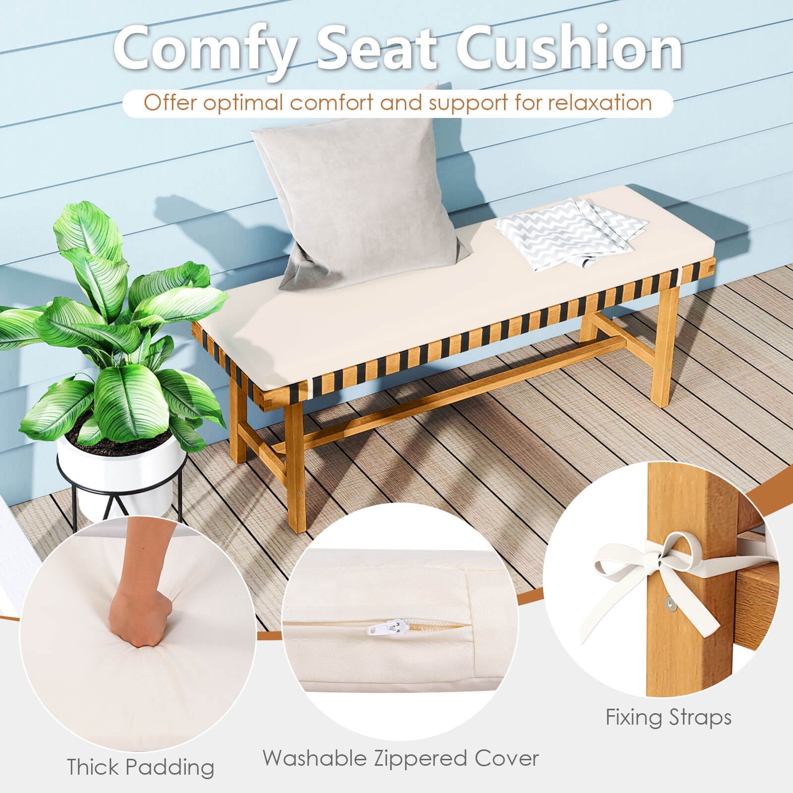 Costway 48" Long Acacia Wood Outdoor Bench with Thick Padded Seat Cushion Entryway Bench