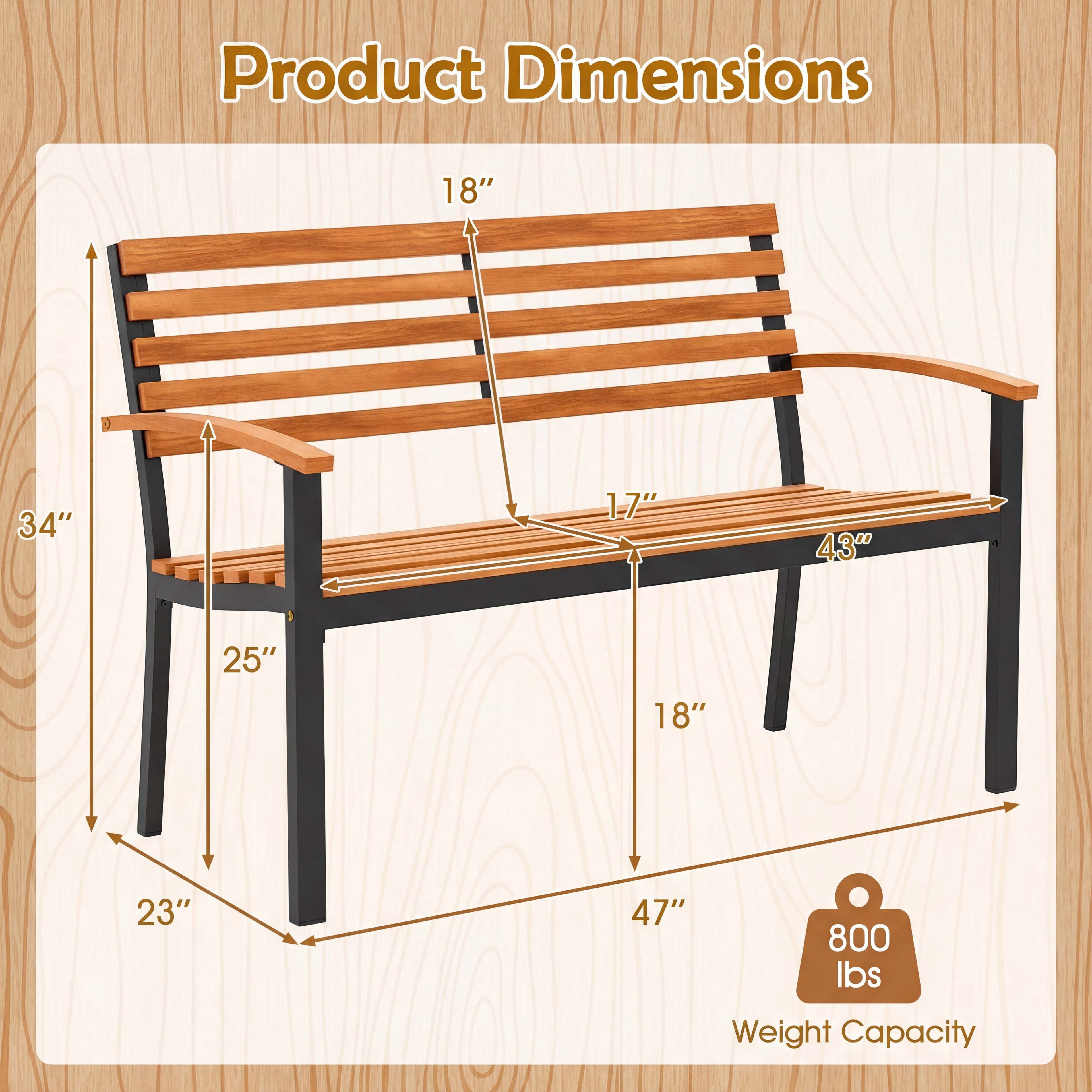 ELLEGNT Patio Loveseat Bench - Acacia Wood Garden Bench with Comfortable Backrest and Armrests for Outdoor Seating