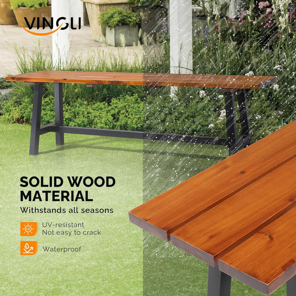 VINGLI 63" Outdoor Bench, Weatherprooof Wood Bench with Metal Frame, 63'' 2-Person Dining Bench，Weight Capacity of 660 lbs Entry Bench for Garden, Porch, Park