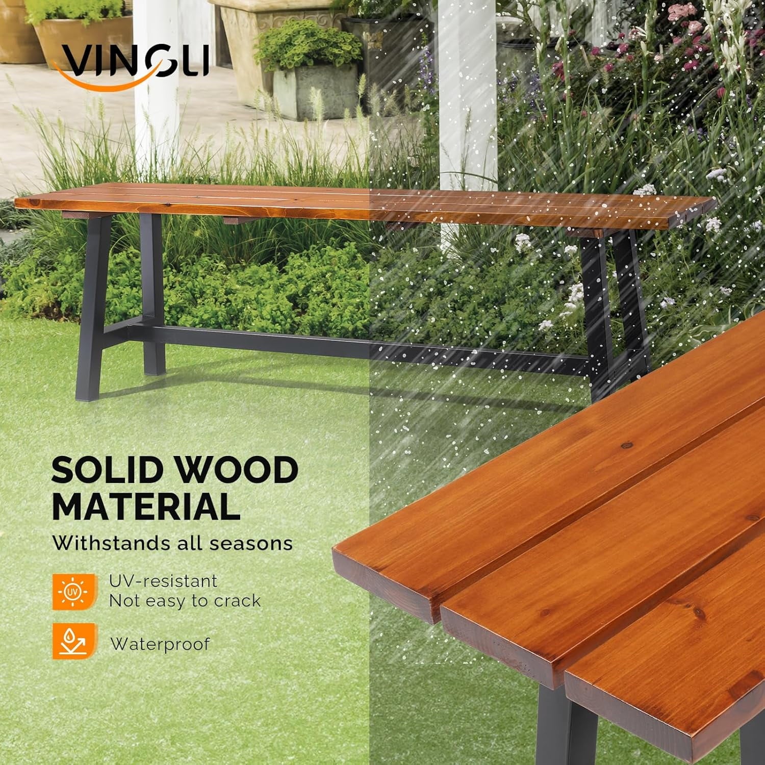 VINGLI 63" Outdoor Bench, Weatherprooof Wood Bench with Metal Frame, 63'' 2-Person Dining Bench，Weight Capacity of 660 lbs Entry Bench for Garden, Porch, Park