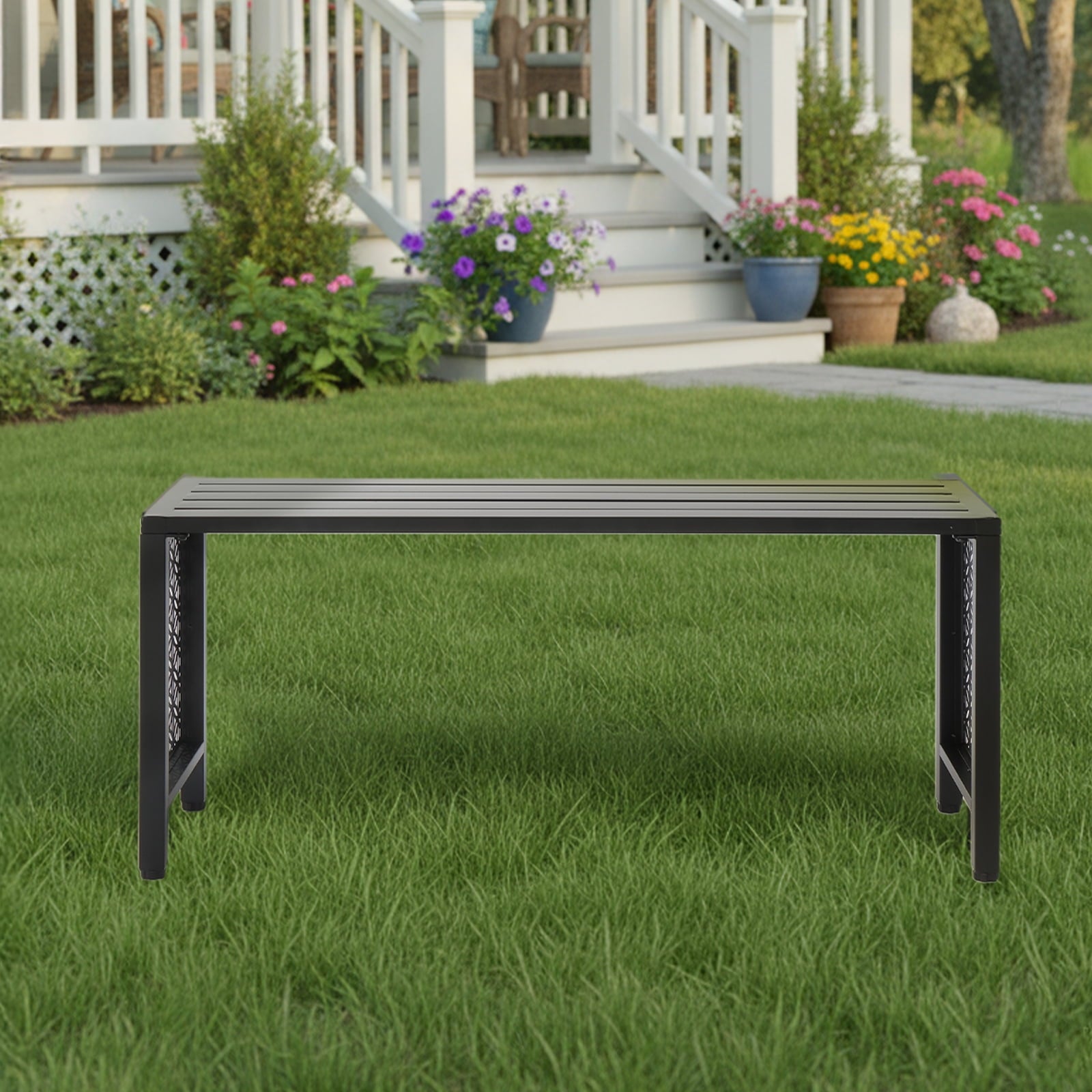 Ktaxon 39.3in Outdoor Metal Backless Bench, Slatted Seat, Weatherproof Bench for Patio Garden, Black