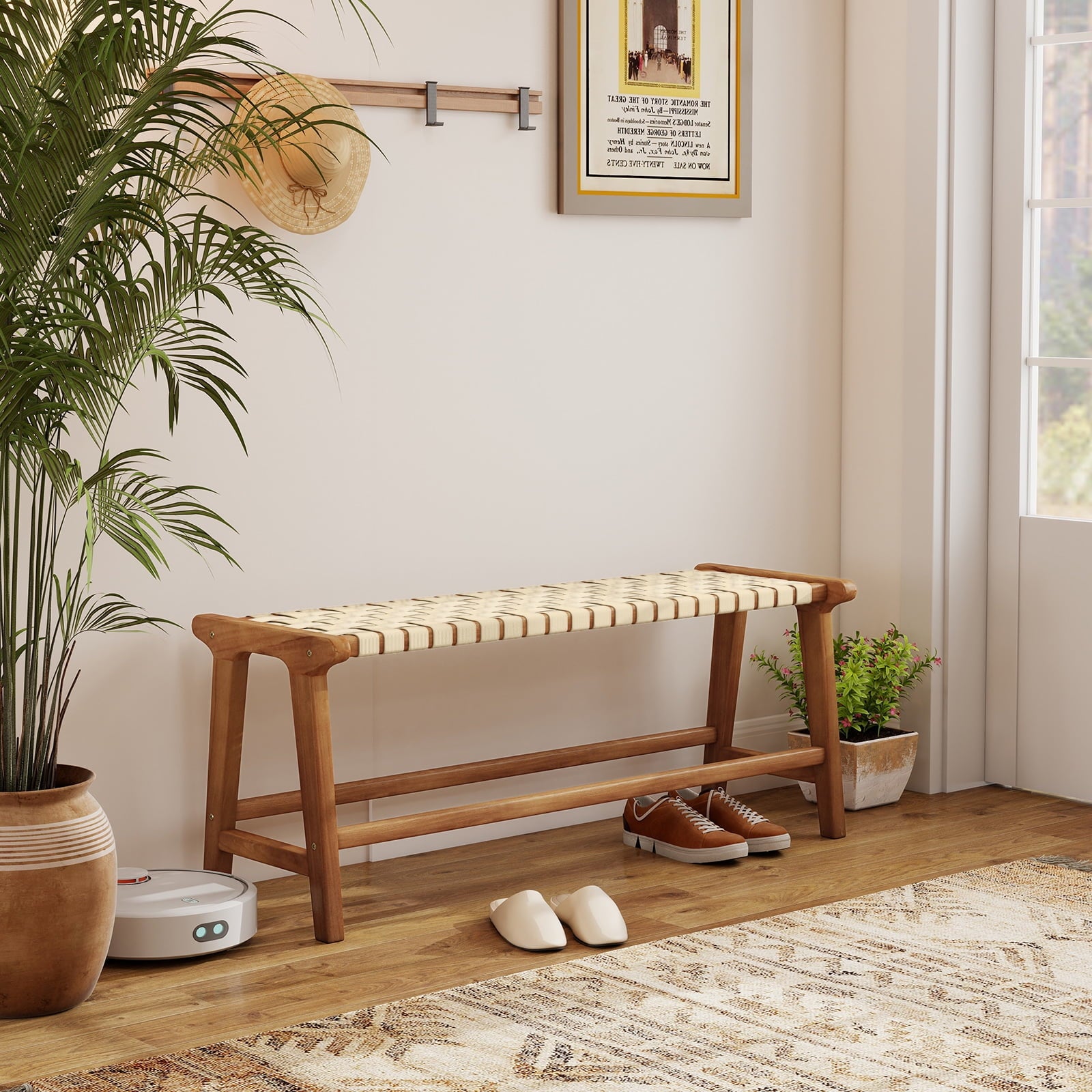 Gymax 47'' Long Teak Wood Patio Bench w/Weave Seat Solid Wood Legs Backless for Porch