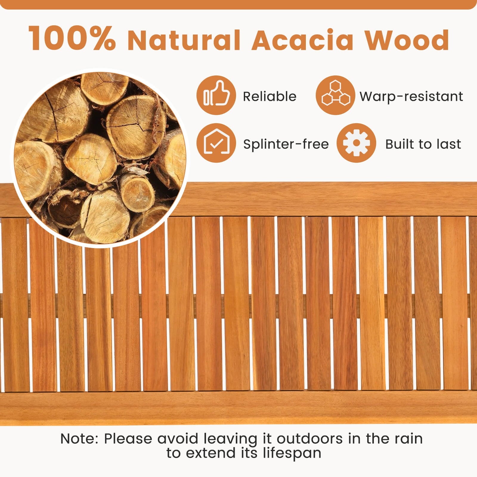 Costway Acacia Wood Outdoor Bench 48" Long Patio Dining Bench with Slatted Seat for Garden