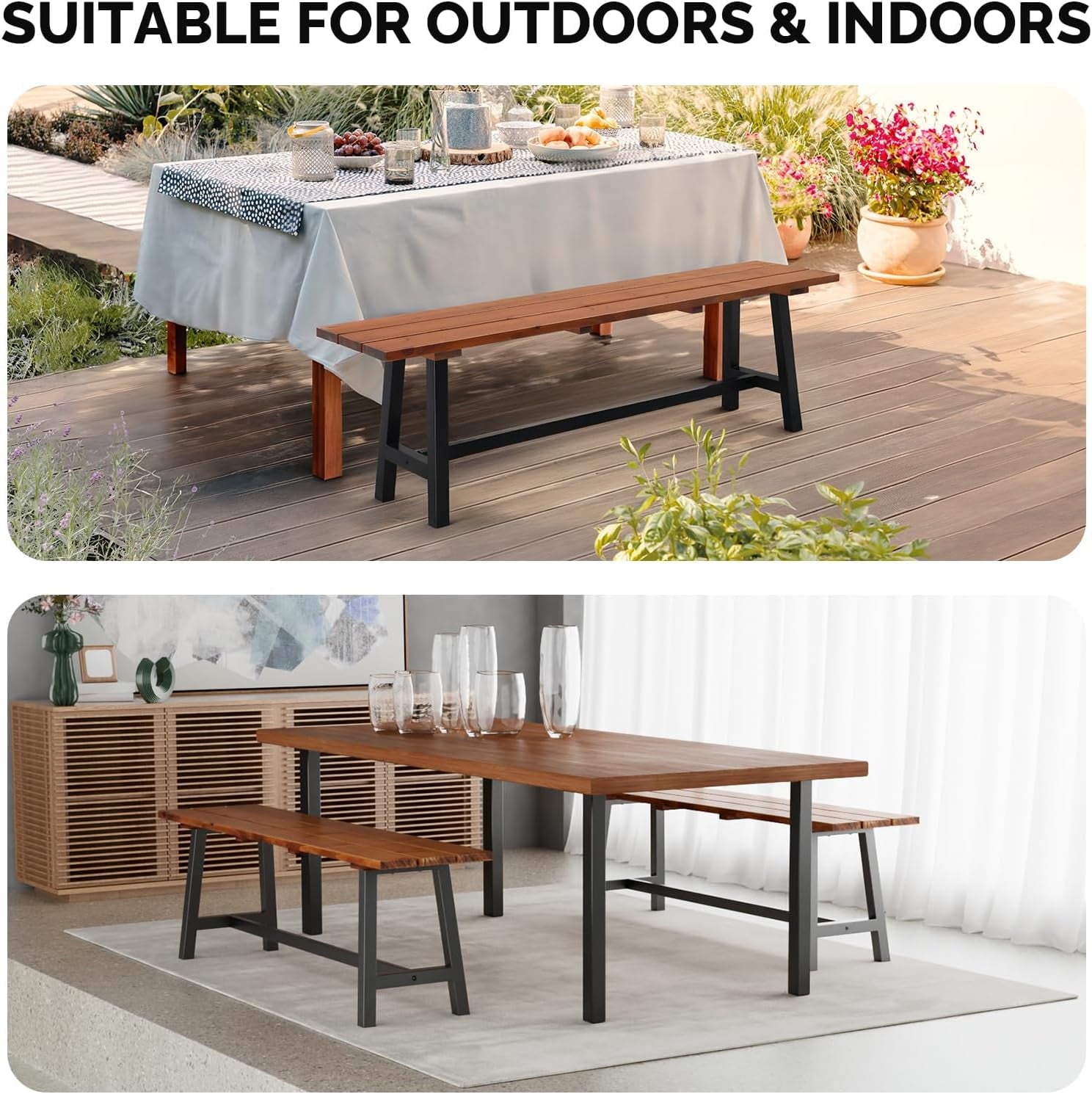 VINGLI 63" Outdoor Bench, Weatherprooof Wood Bench with Metal Frame, 63'' 2-Person Dining Bench，Weight Capacity of 660 lbs Entry Bench for Garden, Porch, Park