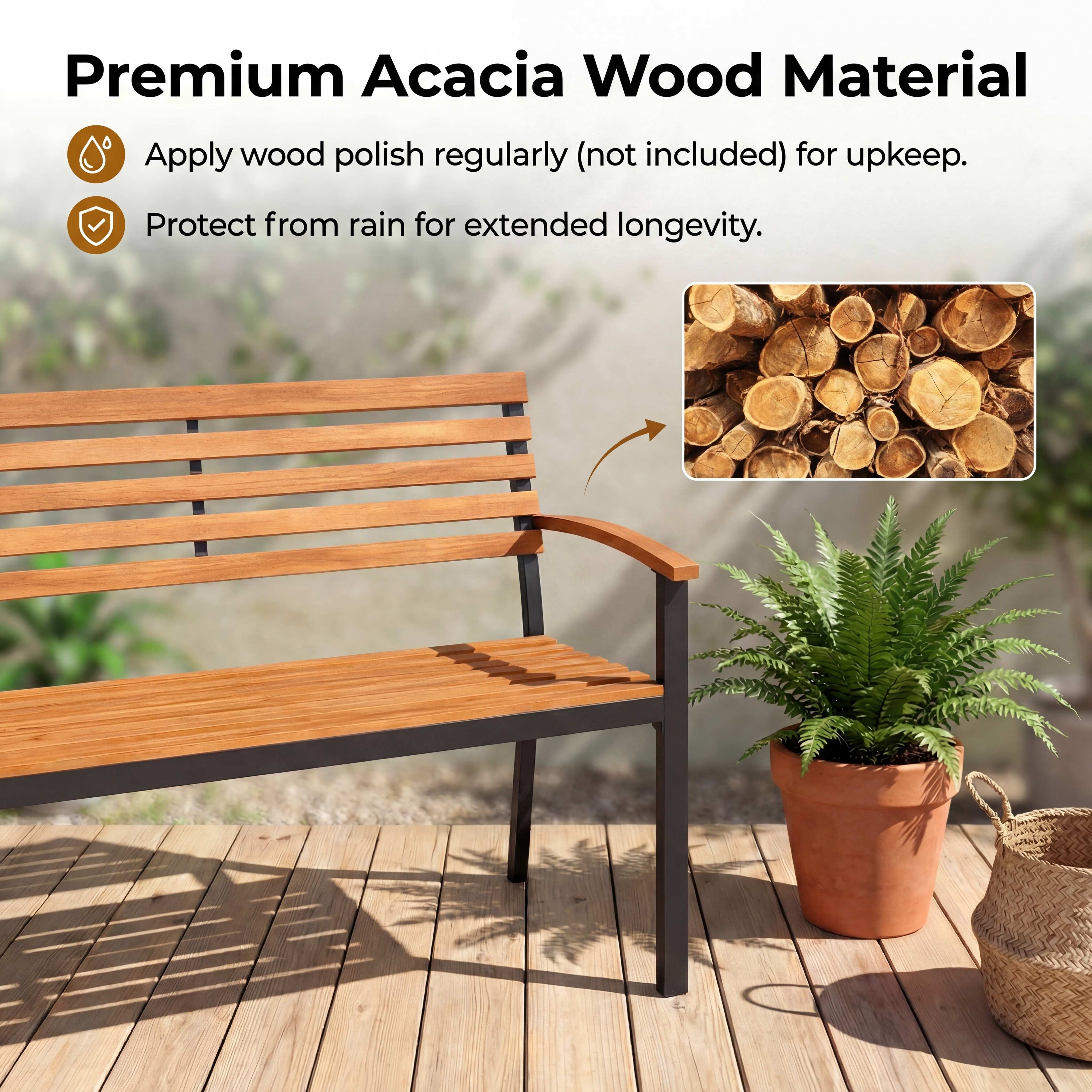 ELLEGNT Patio Loveseat Bench - Acacia Wood Garden Bench with Comfortable Backrest and Armrests for Outdoor Seating