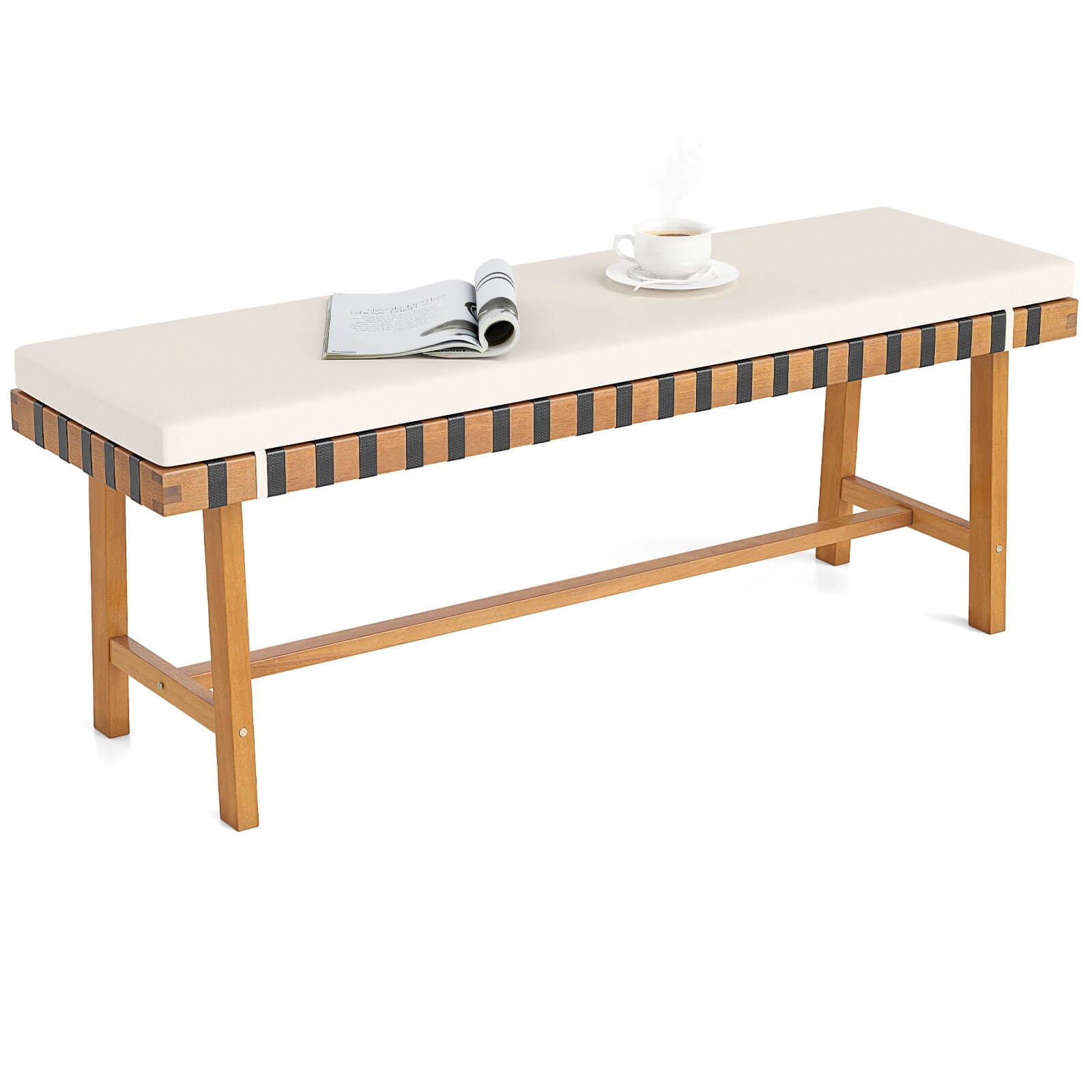 Costway 48" Long Acacia Wood Outdoor Bench with Thick Padded Seat Cushion Entryway Bench