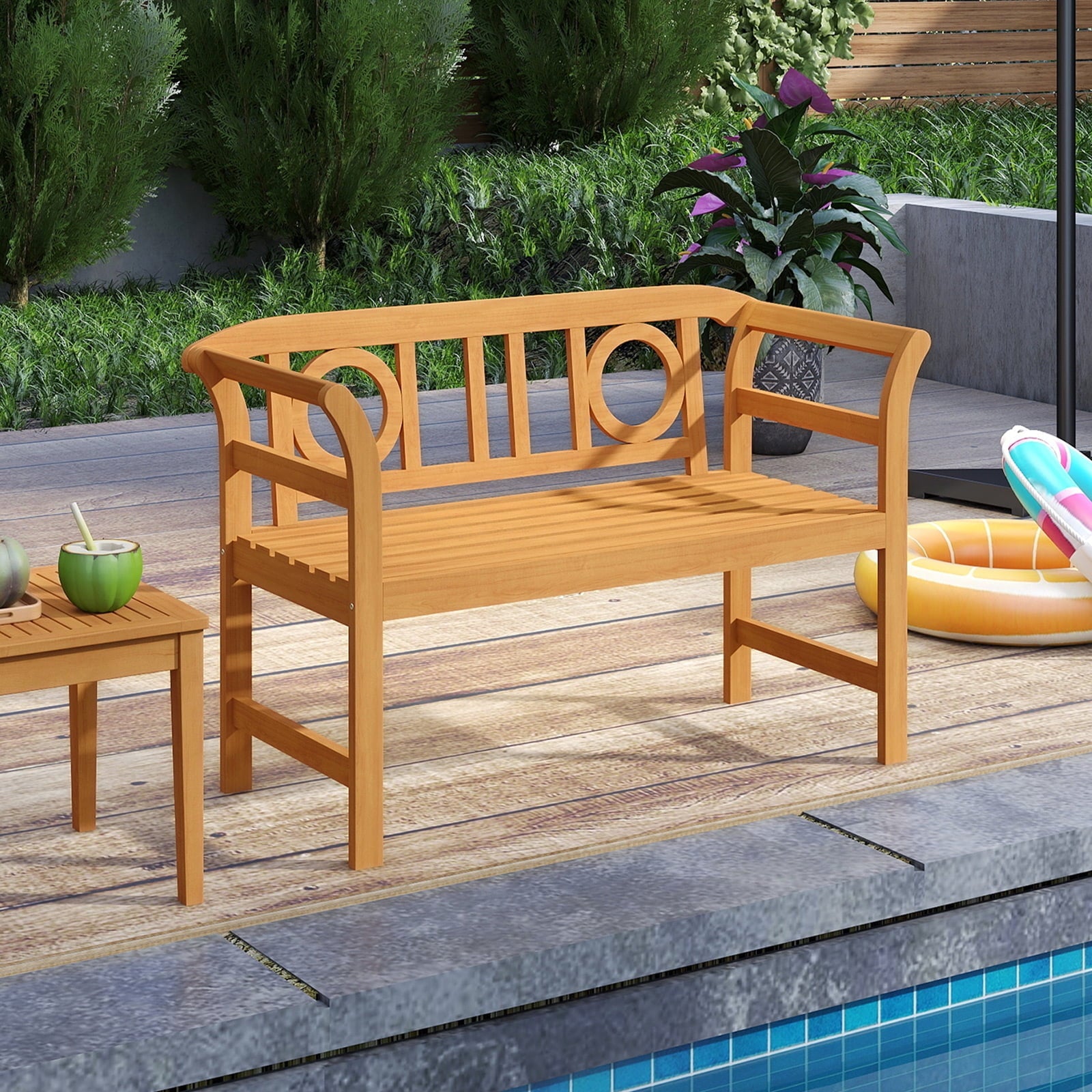 Gymax 47'' Outdoor Loveseat Bench w/Curved Armrests for Backyard Front Porch Deck