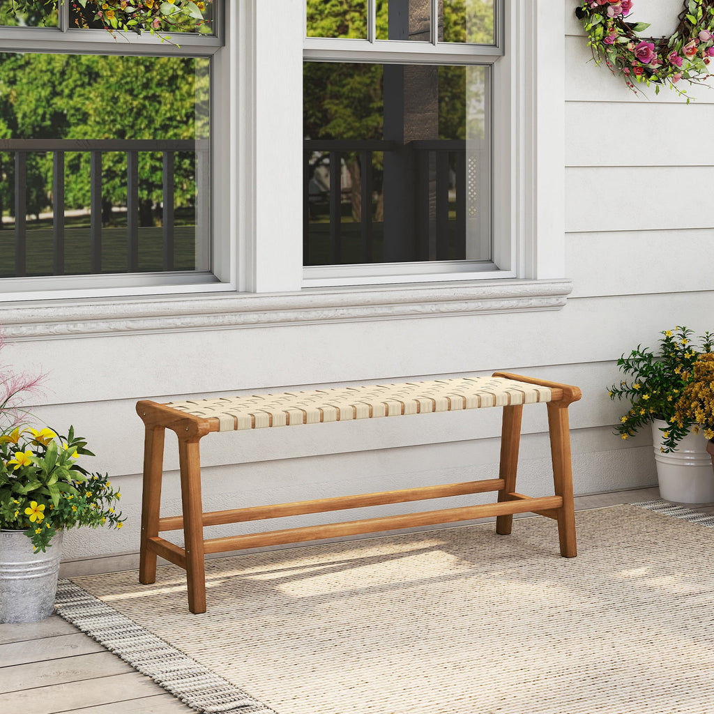 Gymax 47'' Long Teak Wood Patio Bench w/Weave Seat Solid Wood Legs Backless for Porch