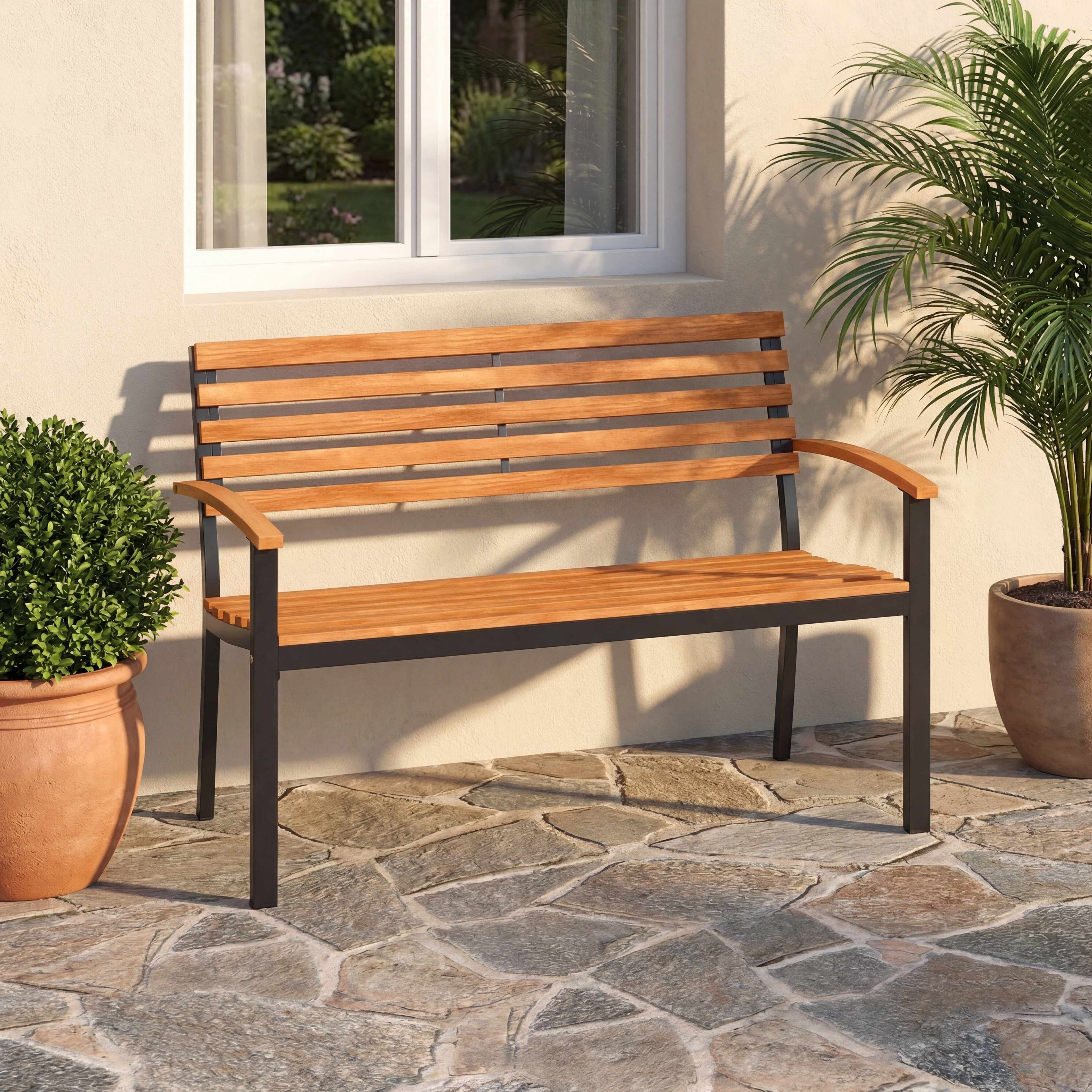 ELLEGNT Patio Loveseat Bench - Acacia Wood Garden Bench with Comfortable Backrest and Armrests for Outdoor Seating