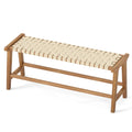 Gymax 47'' Long Teak Wood Patio Bench w/Weave Seat Solid Wood Legs Backless for Porch
