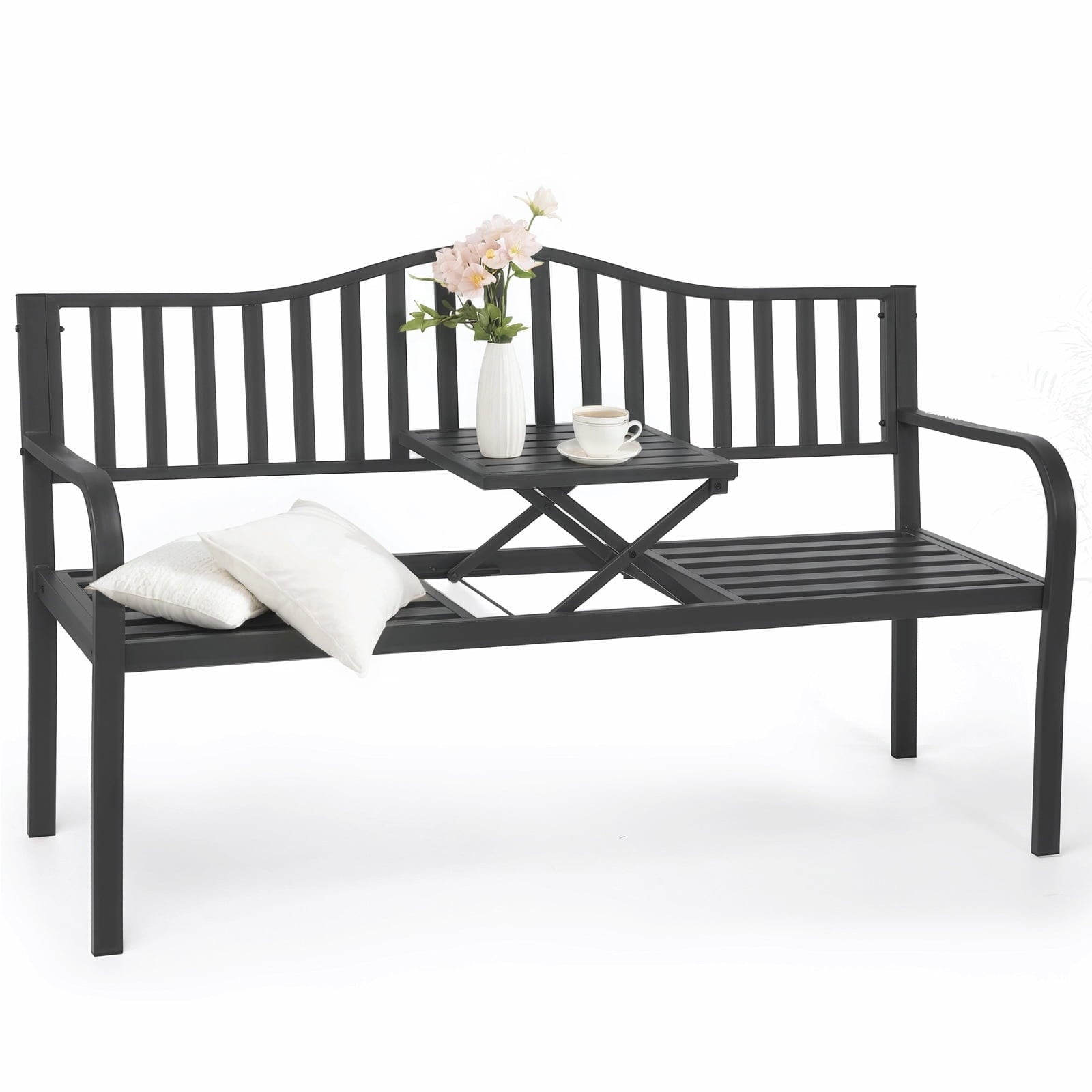 Naipo Outdoor Metal Garden Bench 59" Patio Bench with Built in Table Park Bench, Outside Bench Weather Proof Front Porch Bench, 500lbs
