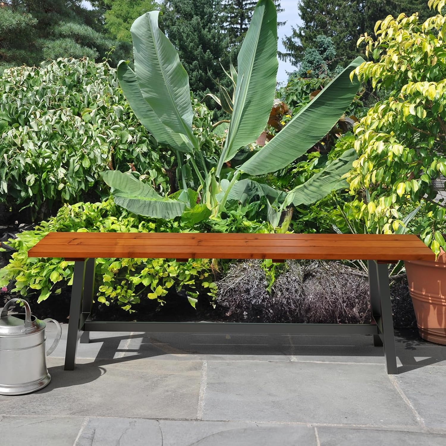 VINGLI 63" Outdoor Bench, Weatherprooof Wood Bench with Metal Frame, 63'' 2-Person Dining Bench，Weight Capacity of 660 lbs Entry Bench for Garden, Porch, Park