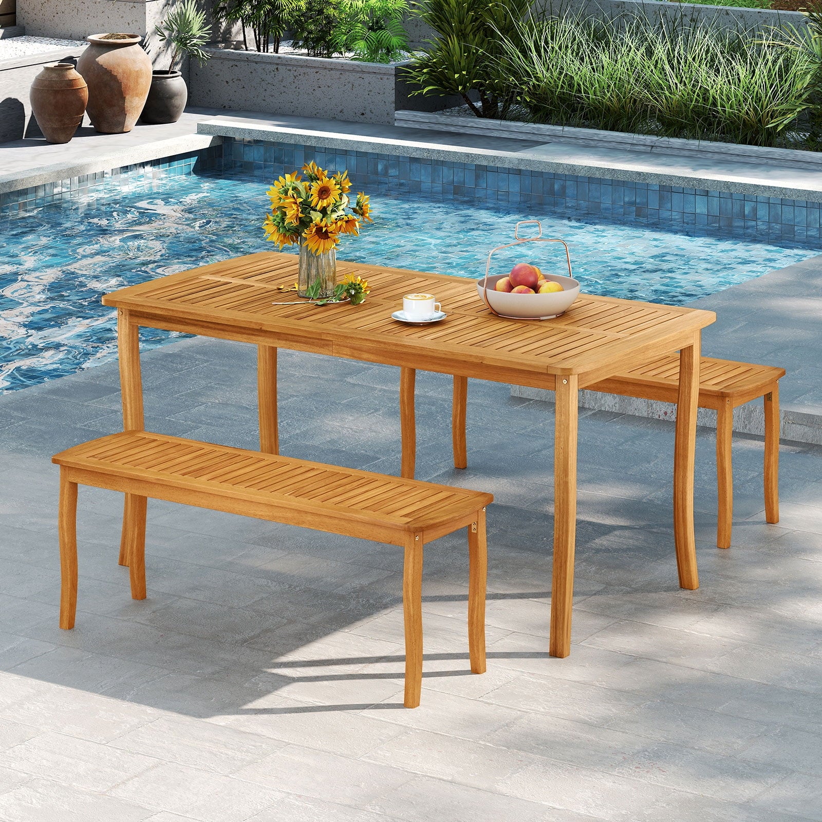 Gymax 47'' Long Patio Dining Bench w/ Slatted Seat Backless Wooden Picnic Bench