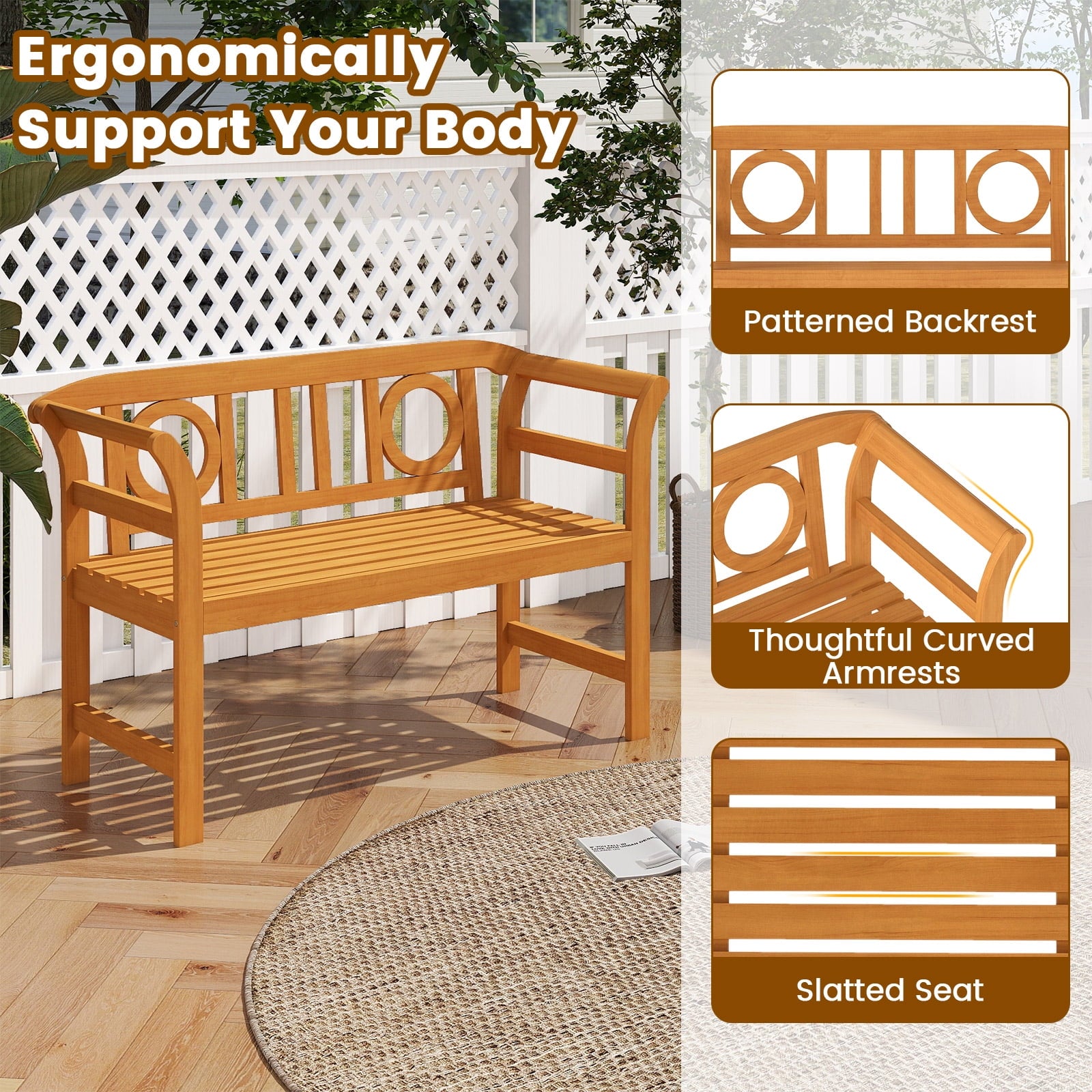 Gymax 47'' Outdoor Loveseat Bench w/Curved Armrests for Backyard Front Porch Deck