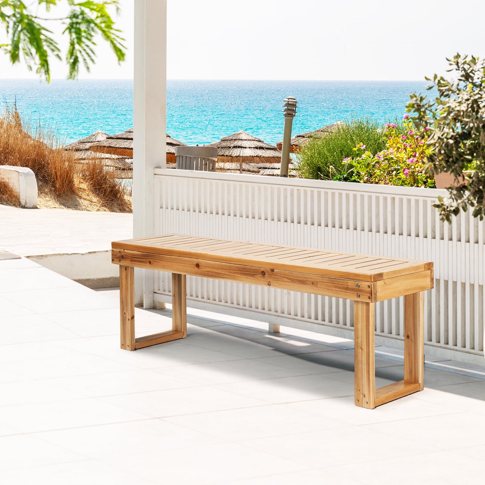 Ktaxon Outdoor Wooden Bench,  52" Wood Patio Bench, Weatherproof Outdoor Garden Backless Bench for Backyard, Porch, Poolside, Entryway, Natural Color