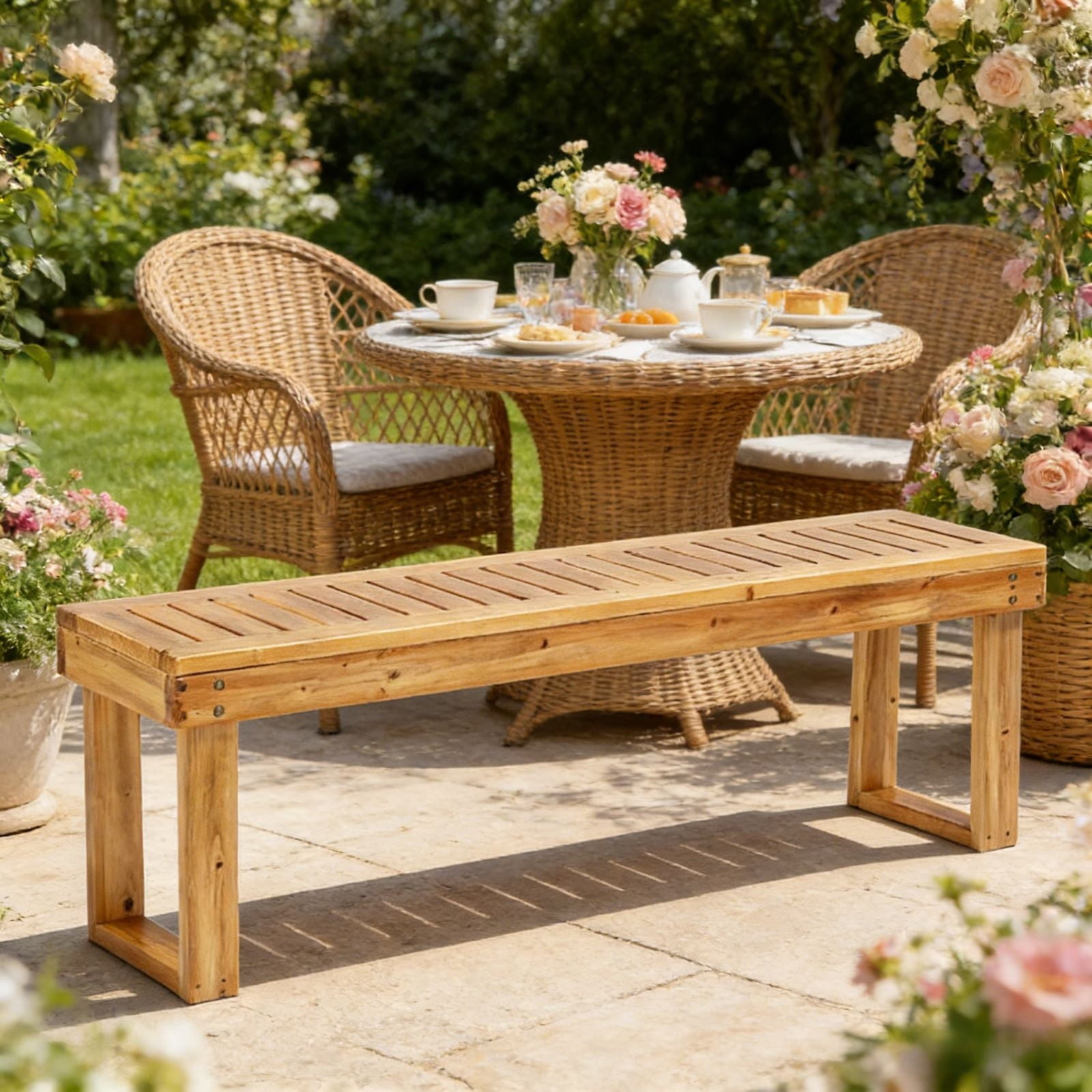 Ktaxon Outdoor Wooden Bench,  52" Wood Patio Bench, Weatherproof Outdoor Garden Backless Bench for Backyard, Porch, Poolside, Entryway, Natural Color