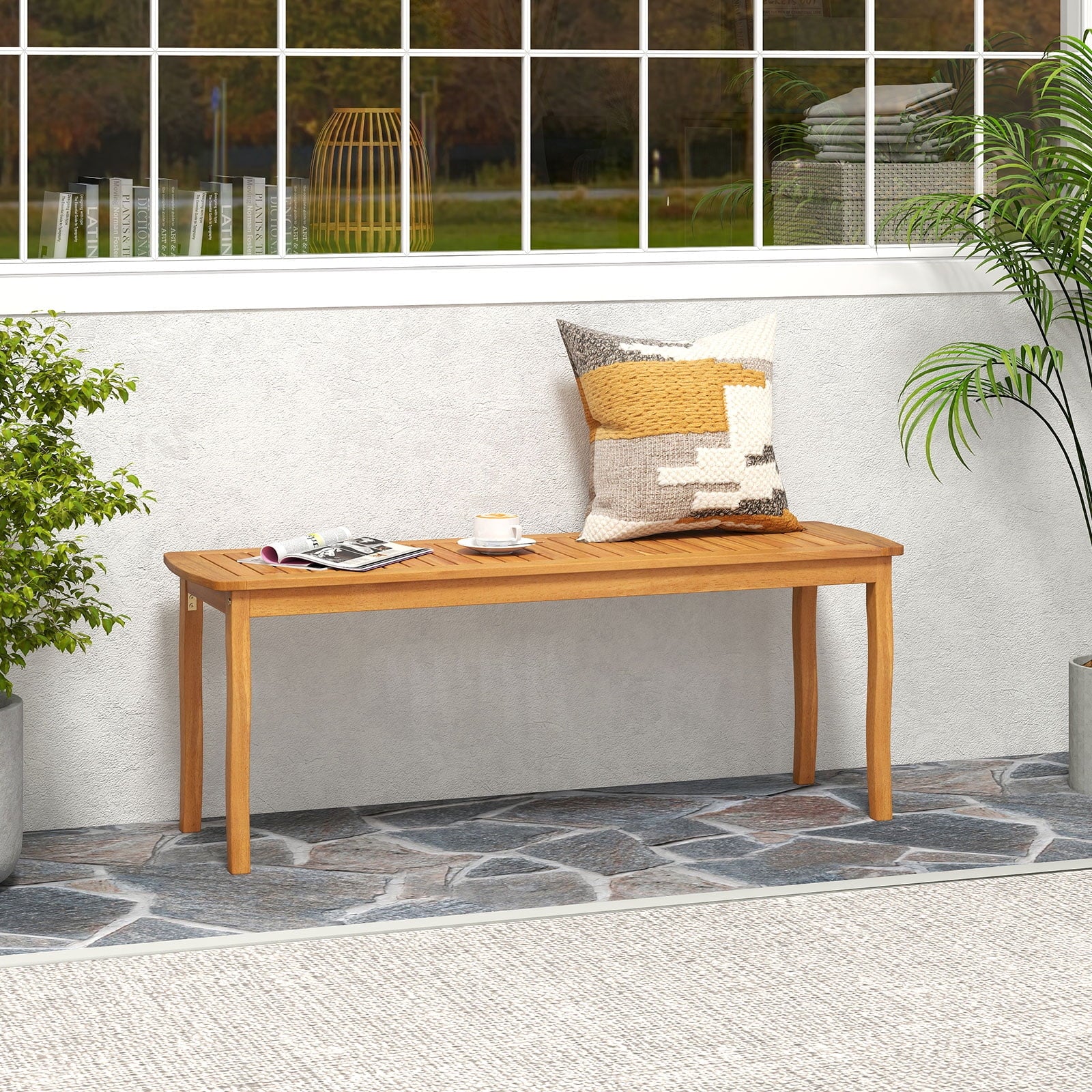 Gymax 47'' Long Patio Dining Bench w/ Slatted Seat Backless Wooden Picnic Bench
