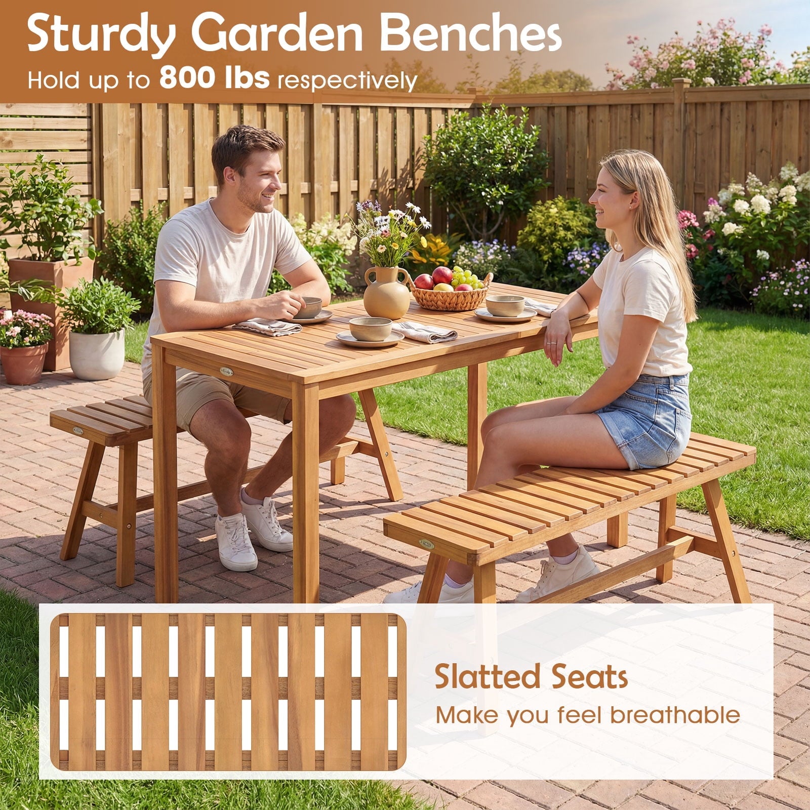 Gymax Acacia Wood Outdoor Garden Bench w/Slatted Seat 800 lbs Capacity for Front Porch