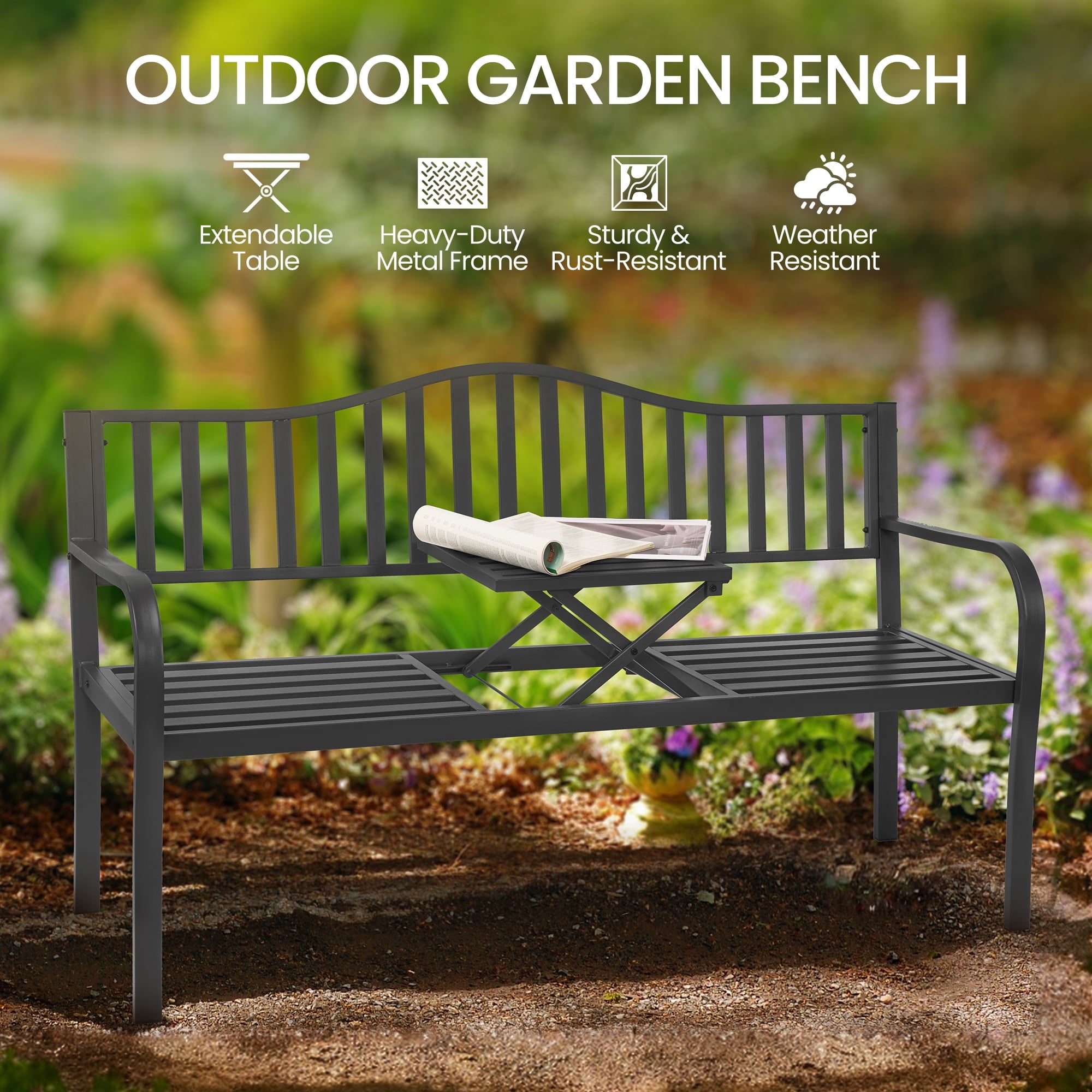 Naipo Outdoor Metal Garden Bench 59" Patio Bench with Built in Table Park Bench, Outside Bench Weather Proof Front Porch Bench, 500lbs