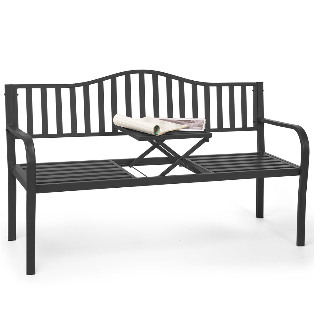 Naipo Outdoor Metal Garden Bench 59" Patio Bench with Built in Table Park Bench, Outside Bench Weather Proof Front Porch Bench, 500lbs