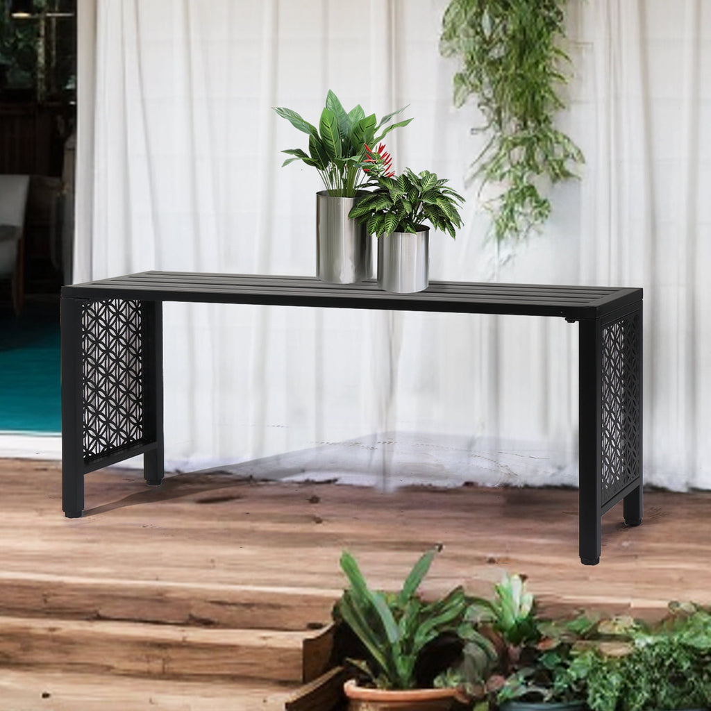 Ktaxon 39.3in Outdoor Metal Backless Bench, Slatted Seat, Weatherproof Bench for Patio Garden, Black