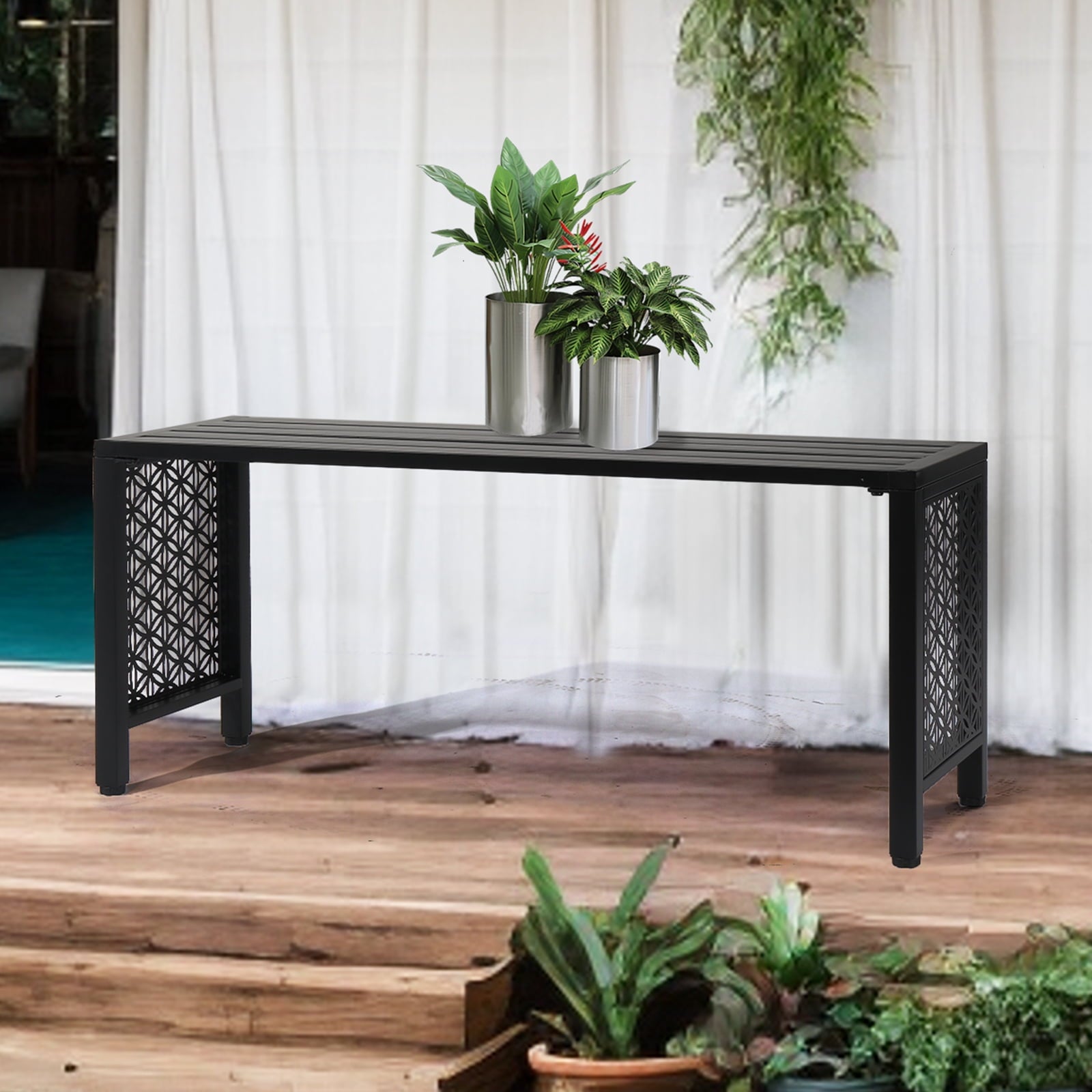 Ktaxon 39.3in Outdoor Metal Backless Bench, Slatted Seat, Weatherproof Bench for Patio Garden, Black