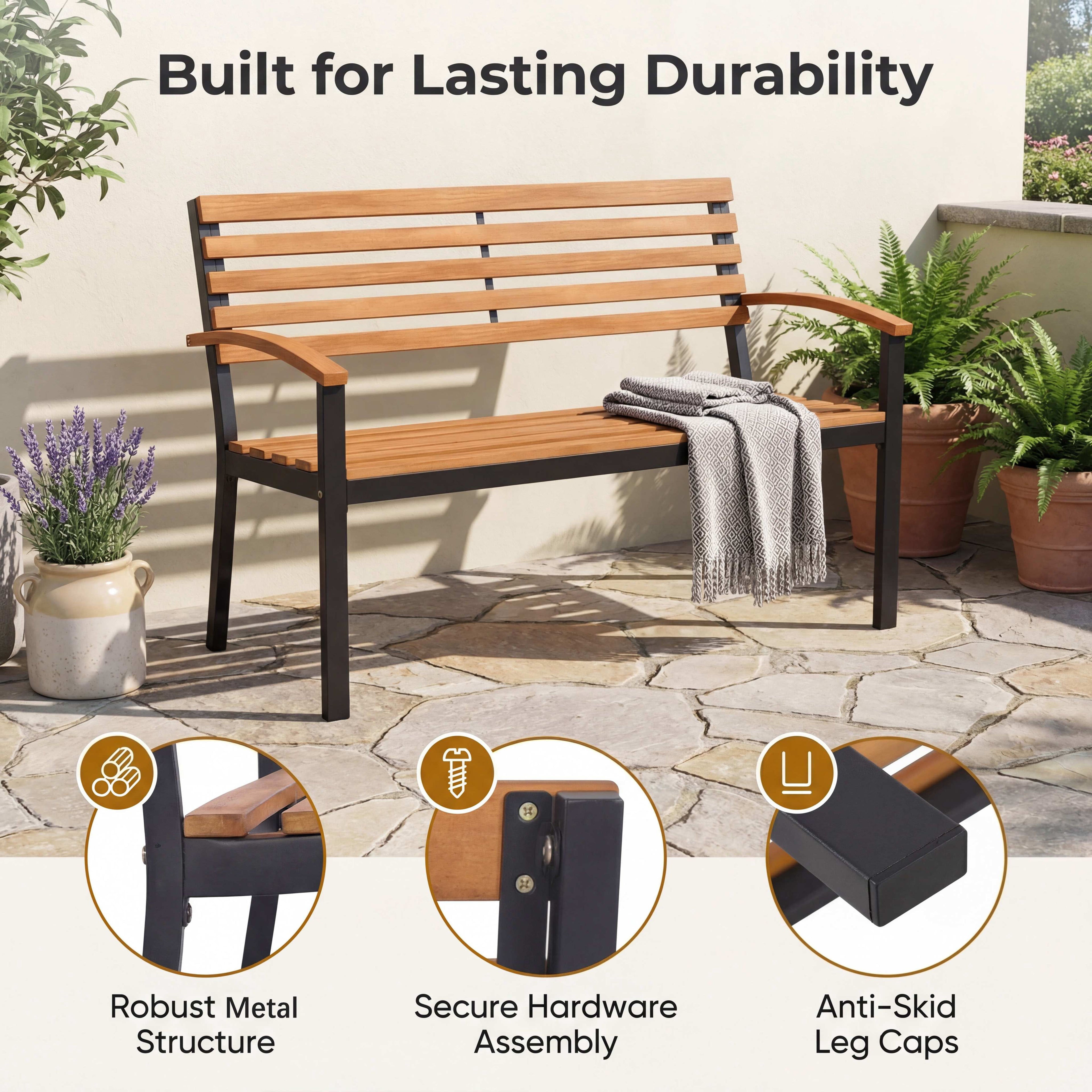 ELLEGNT Patio Loveseat Bench - Acacia Wood Garden Bench with Comfortable Backrest and Armrests for Outdoor Seating