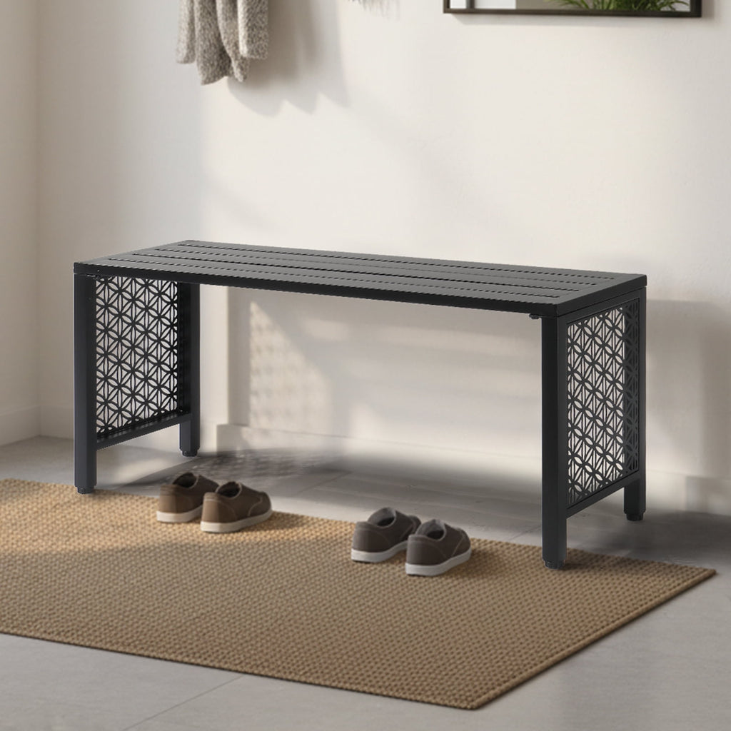 Ktaxon 39.3in Outdoor Metal Backless Bench, Slatted Seat, Weatherproof Bench for Patio Garden, Black