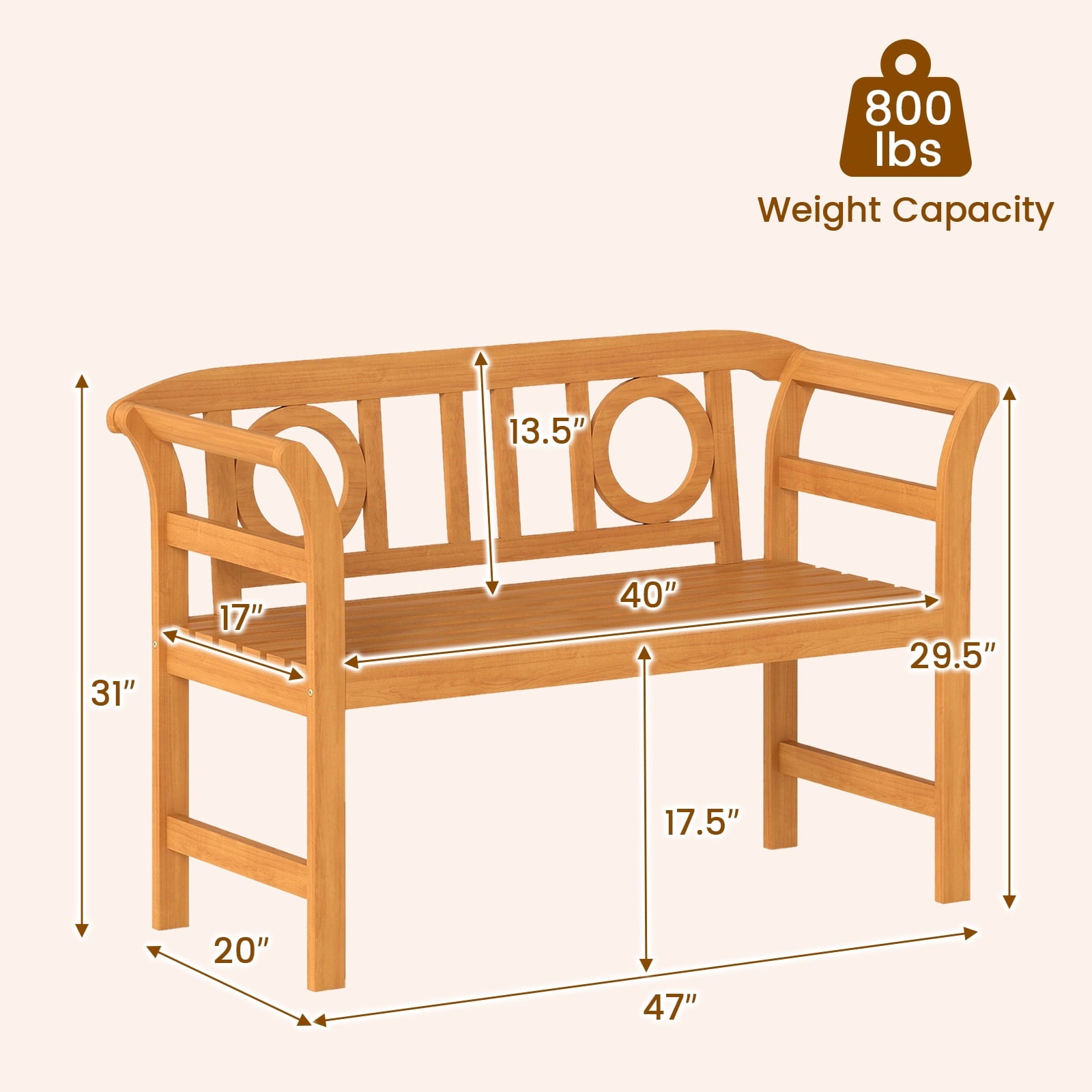 Gymax 47'' Outdoor Loveseat Bench w/Curved Armrests for Backyard Front Porch Deck
