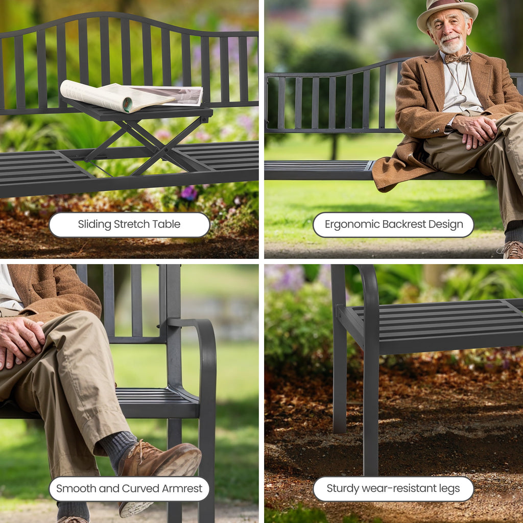 Naipo Outdoor Metal Garden Bench 59" Patio Bench with Built in Table Park Bench, Outside Bench Weather Proof Front Porch Bench, 500lbs