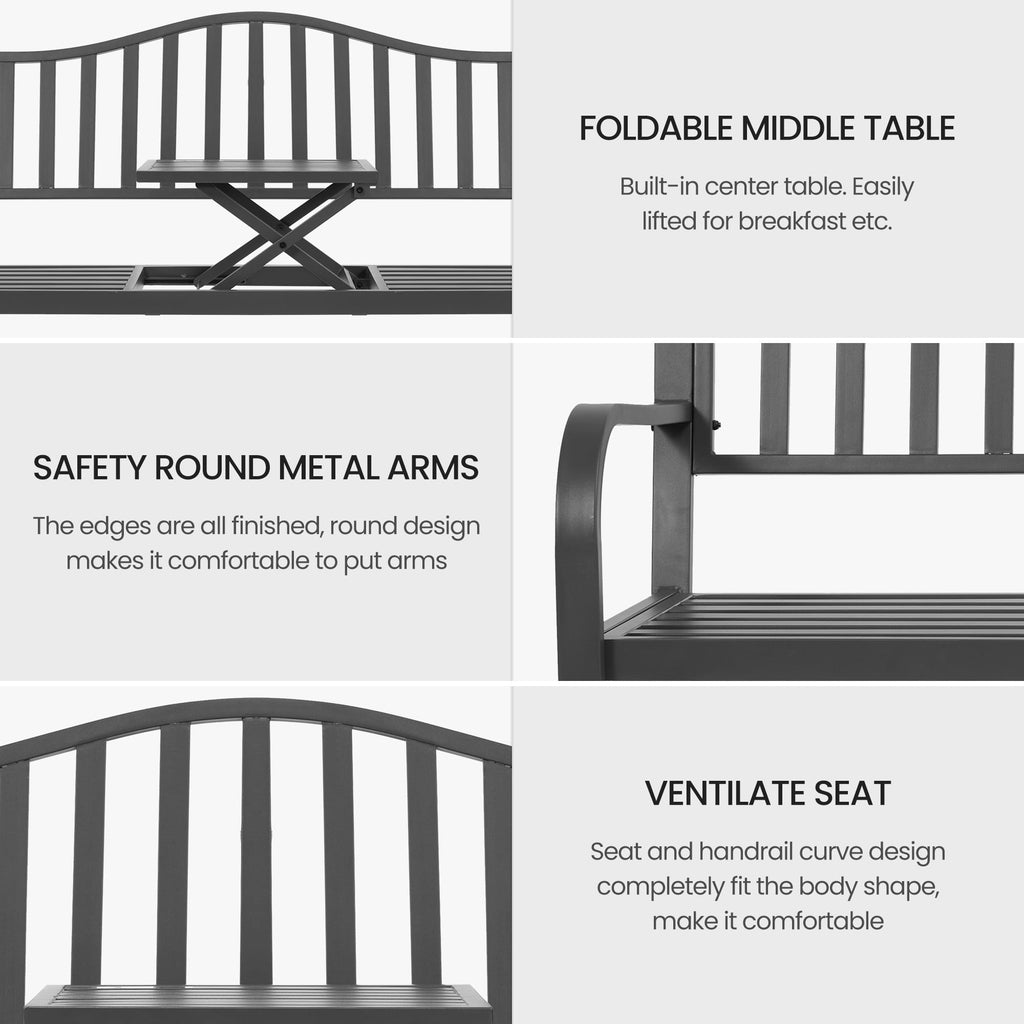 Naipo Outdoor Metal Garden Bench 59" Patio Bench with Built in Table Park Bench, Outside Bench Weather Proof Front Porch Bench, 500lbs
