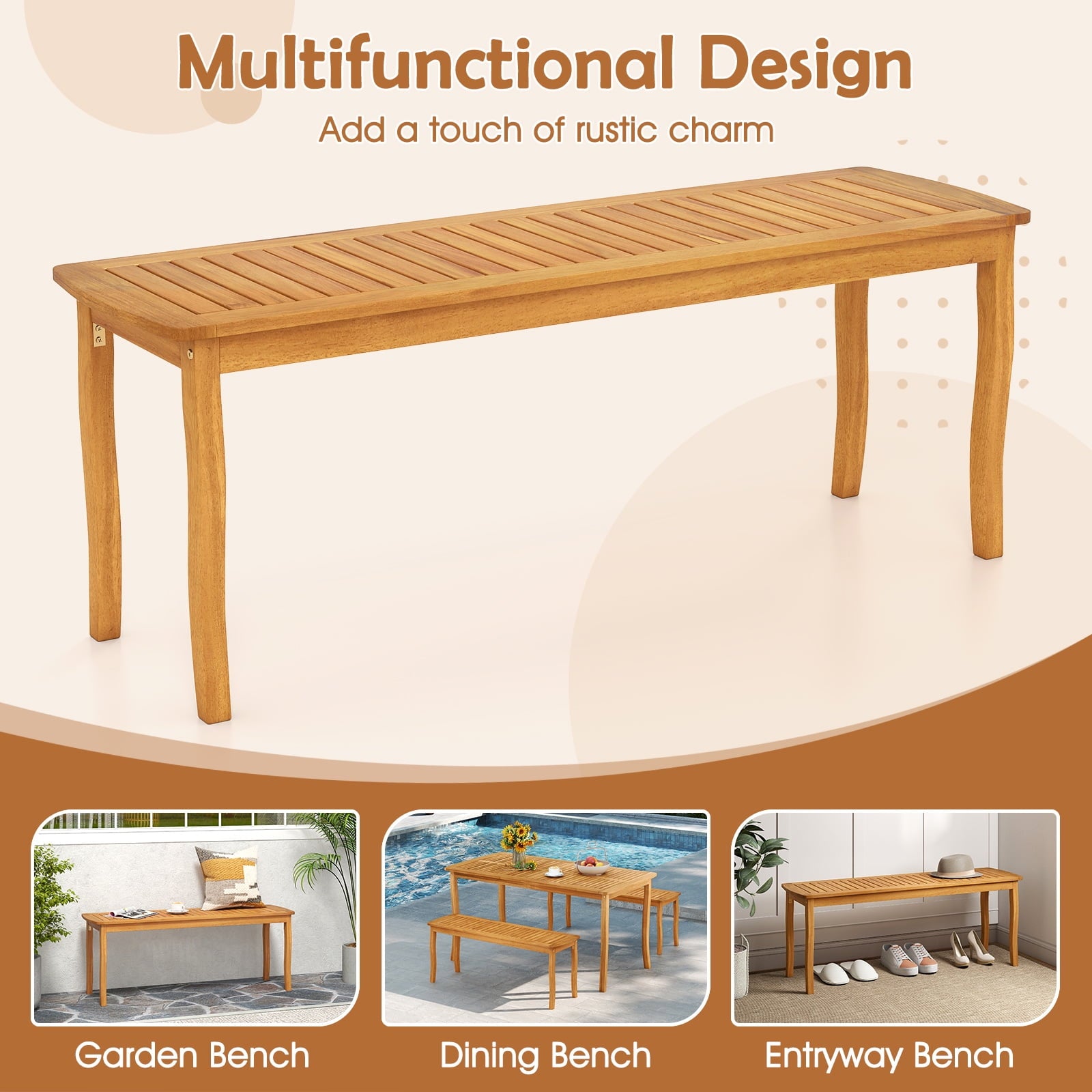Gymax 2PCS 47'' Long Patio Dining Bench w/ Slatted Seat Backless Wooden Picnic Bench